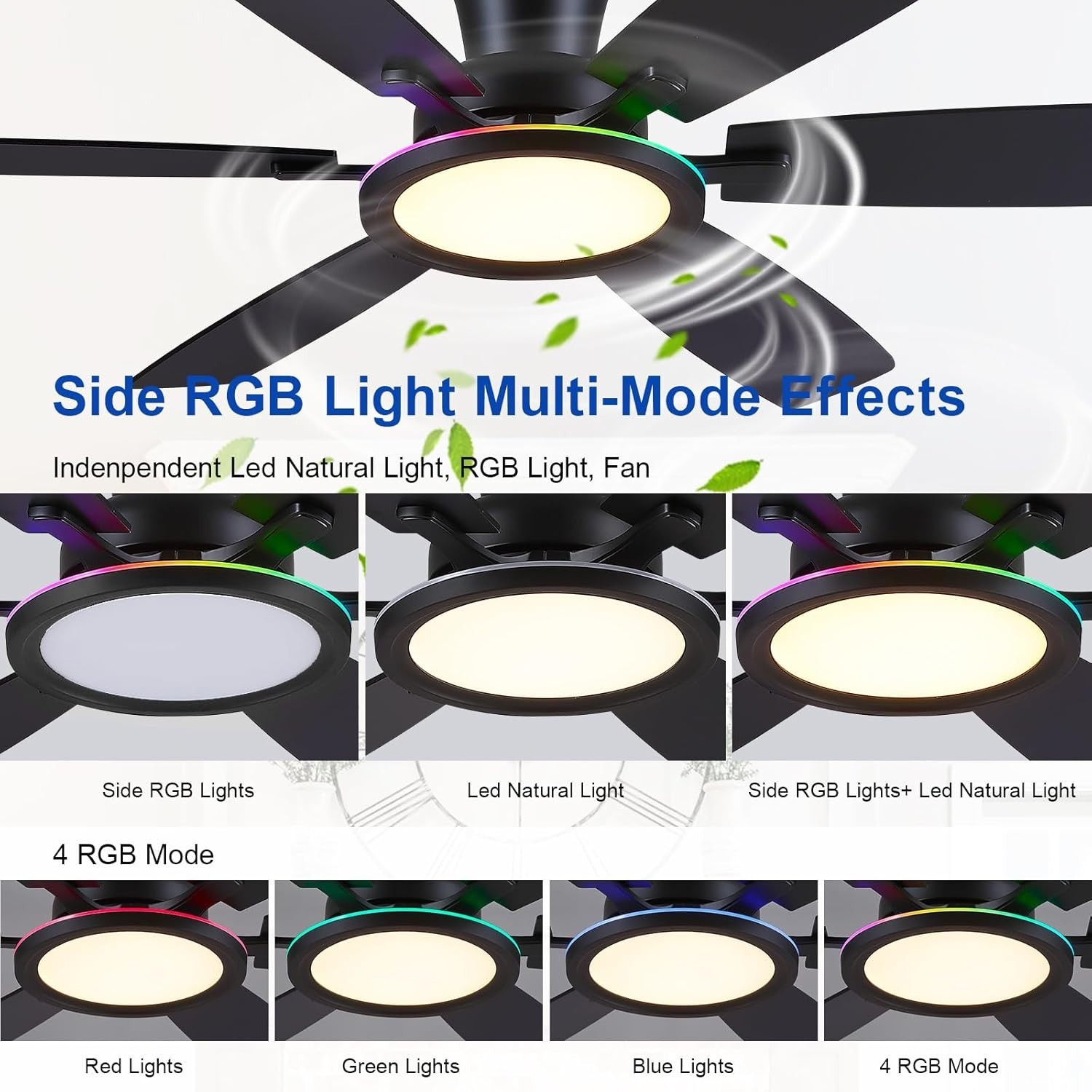 Kviflon 55in Flush Mount Ceiling Fan with RGB Light Low Profile Remote APP