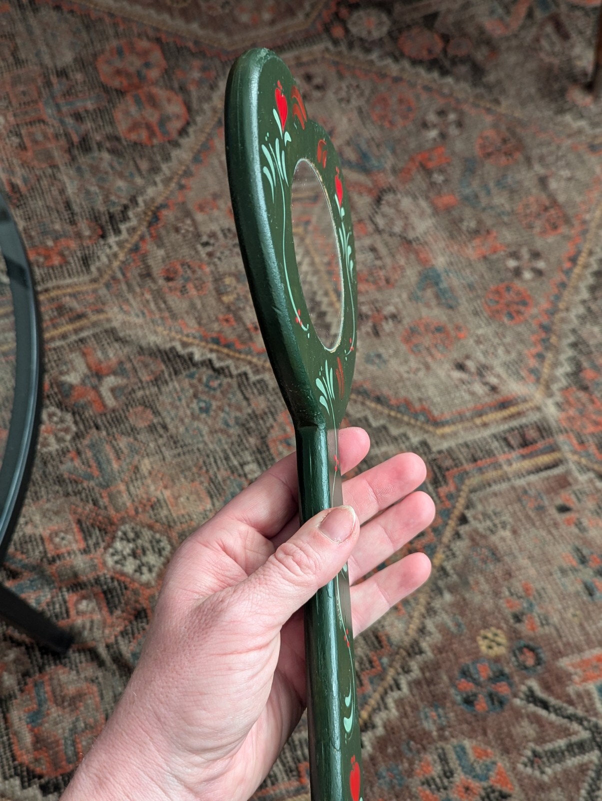 Vtg Hand Mirror Vanity Folk Art Handmade Home Green Wood Tole Painted Floral