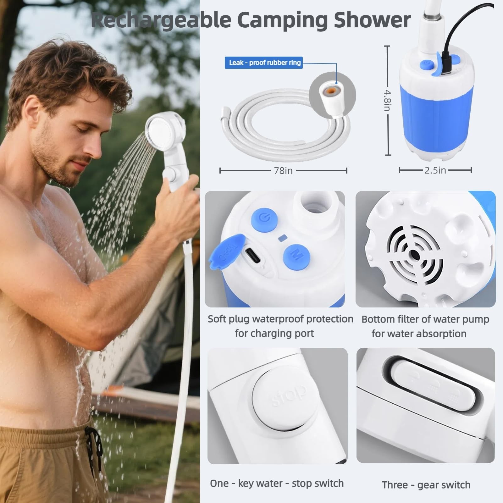 Portable Camping Shower Pump USB-C Rechargeable Outdoor Shower 3 Modes Pet Bath