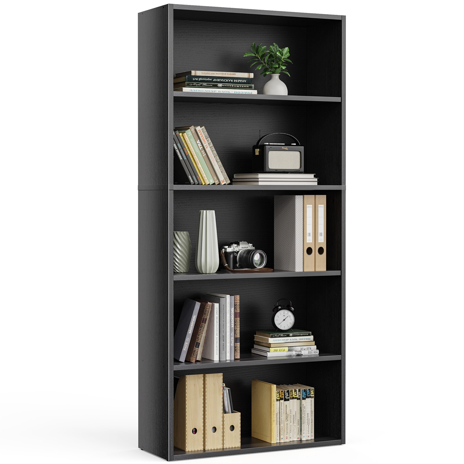 Bookshelf 5/6Tier Storage Shelf Adjustable Bookcase Open Wood Magazine Organizer