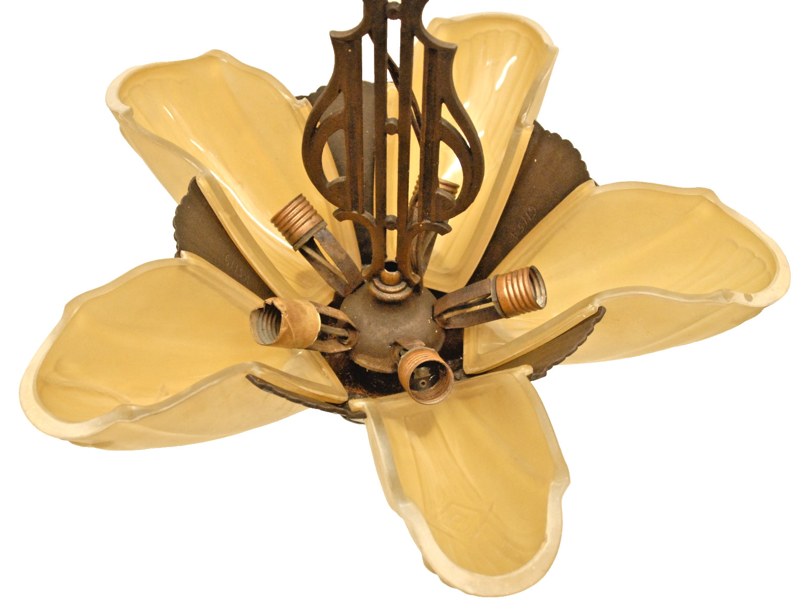 1930's ART DECO FIVE LIGHT SLIP SHADE CHANDELIER HANGING LIGHT GREAT PRICE!