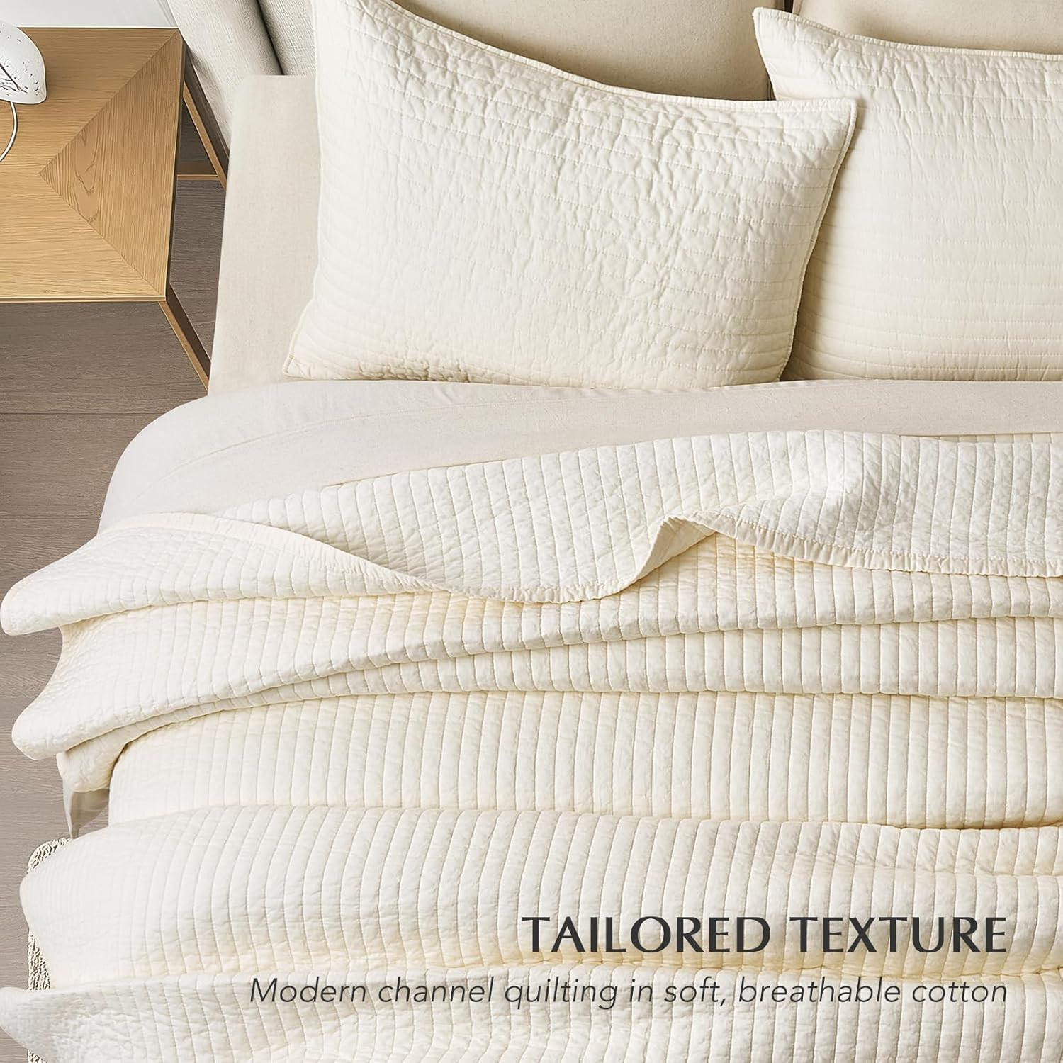 Cotton Sateen Quilt Set King Size, Pre-Washed Cotton Channel Stitch Coverlet Bed
