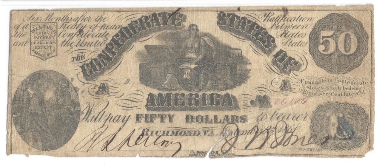 T-14 $50 Confederate 1861 PF-3 Rare Plate State No Flourishes Amer R11 PMG VF 20