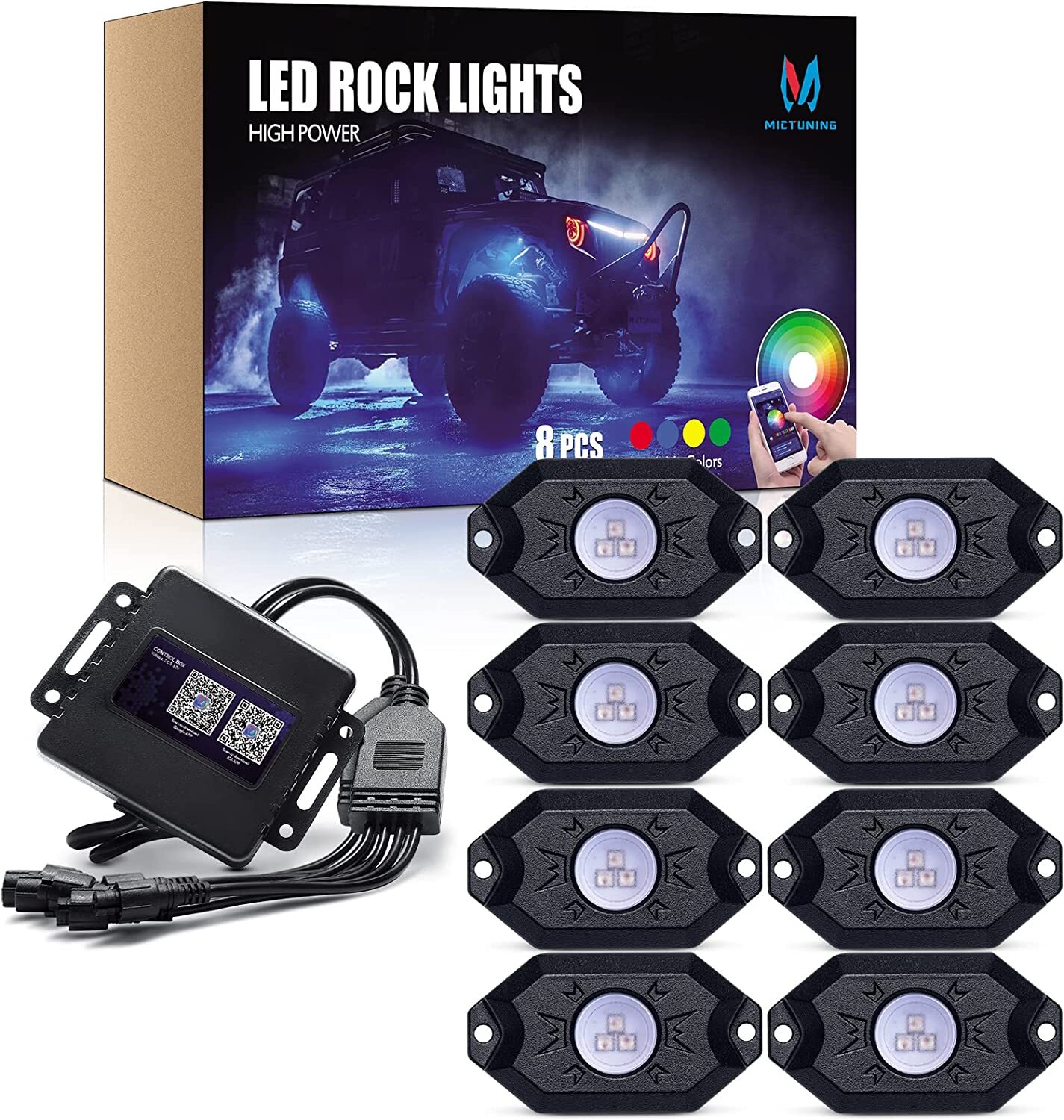 MICTUNING 2nd-Gen RGB LED Rock Lights Bluetooth 8 Pods Underbody Neon Lights Kit