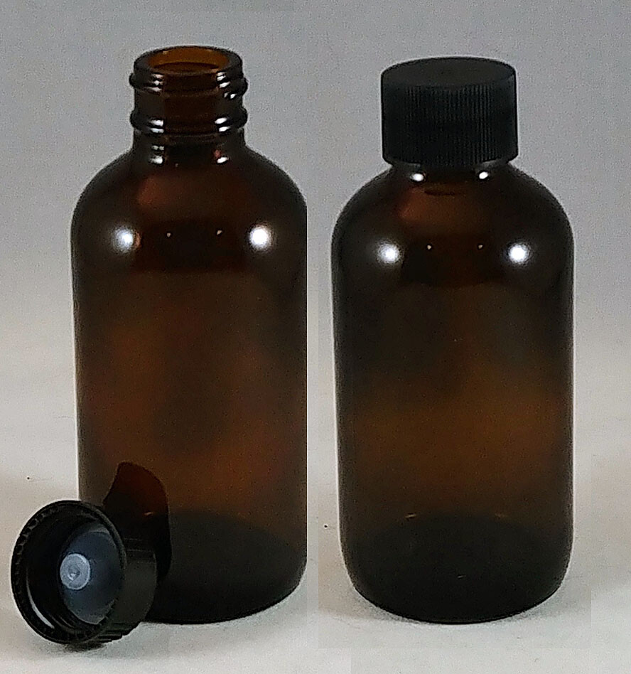 4 oz Amber Boston Round Glass Bottles w Caps, Droppers, Phenolic, Mult Lot Sizes
