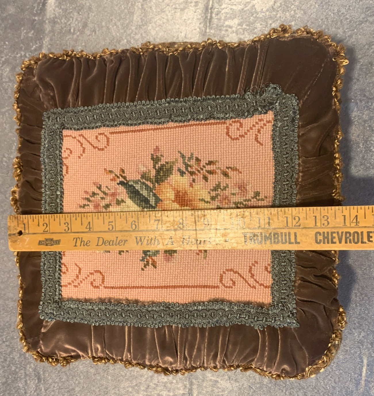 Vtg Cast Iron Ottoman Footstool w/Floral Needlepoint Design & Fringe