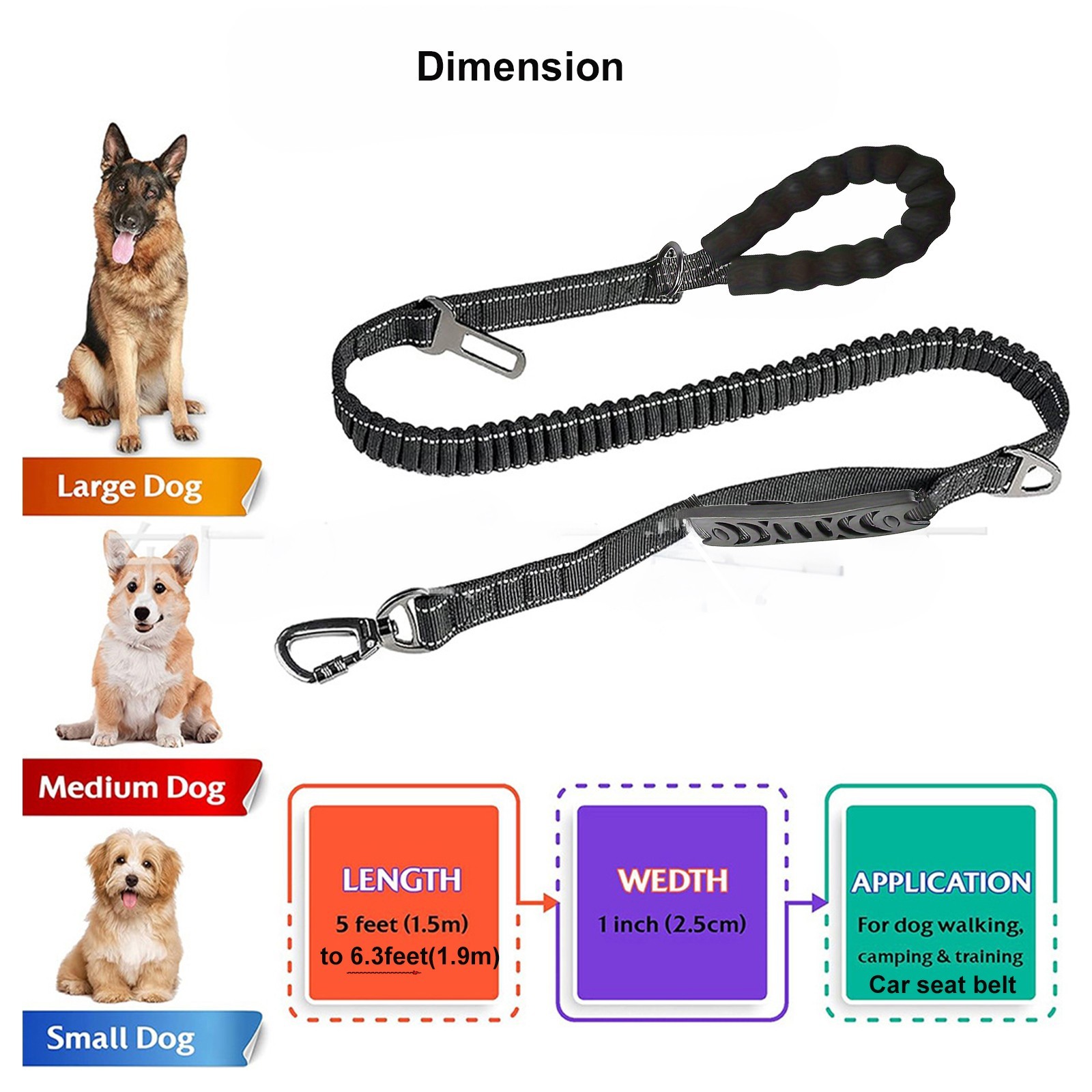 4-in-1 Bungee Dog Leash Car Seat Belt Adjustable Walking Anti-Pull Leash 5-6.3FT