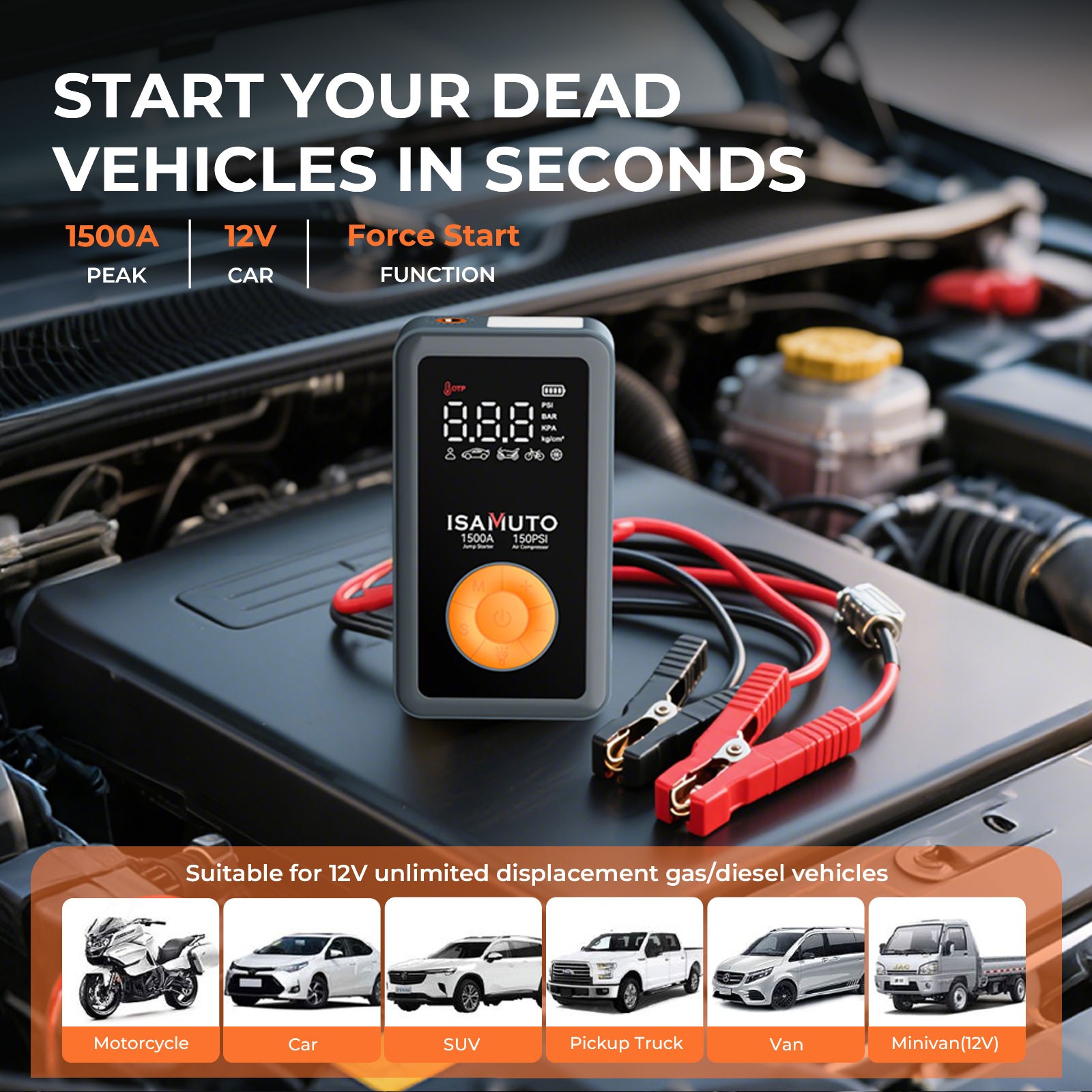 12000mAh 1500A Arrancador Cargador De Bateria Portatil Para Auto Carro Coche