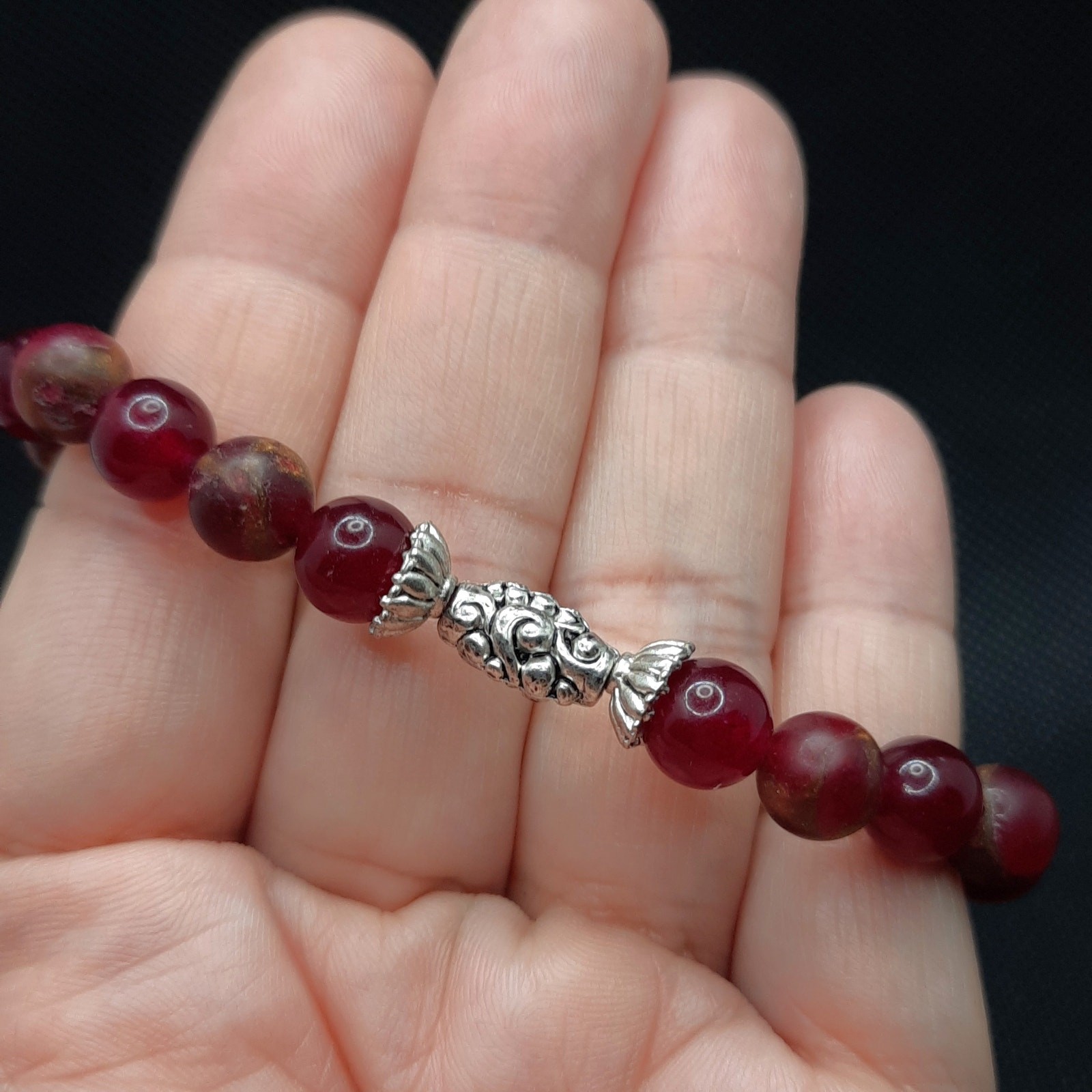 Red Jasper 8mm Beaded Bracelet with Tibetan Silver, New