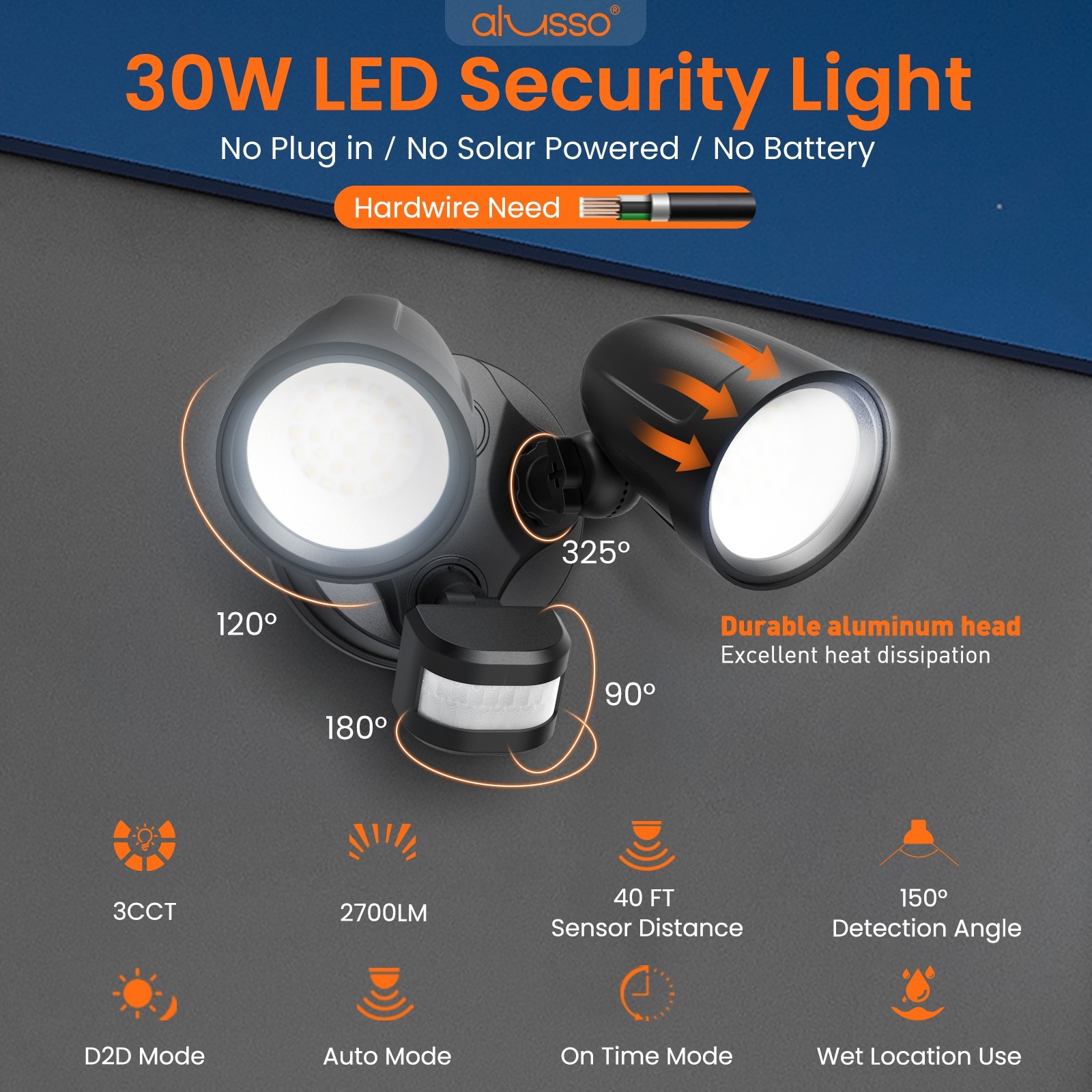 2700/3600LM LED Flood Light D2D&PIR&On Time Outdoor 30W Aluminum Security Lamp