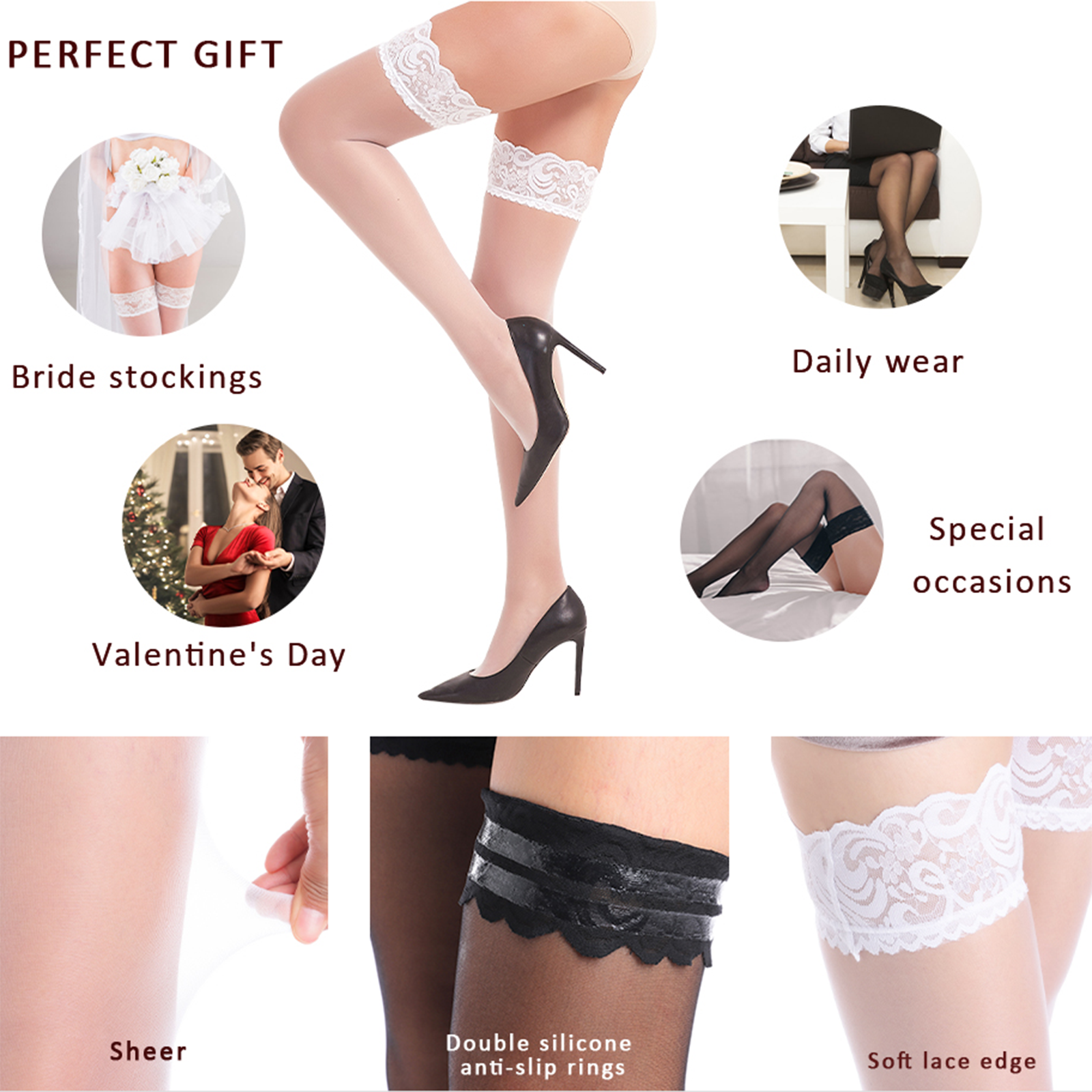 Lady's Lace Top Stay Up Stockings Thigh-High Sheer Pantyhose Stockings For Women