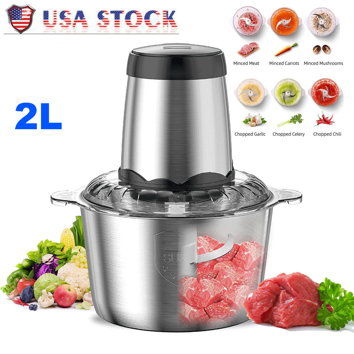 300W Electric Food Vege Chopper Food Processor Kitchen Meat Grinder Mixer 2L US
