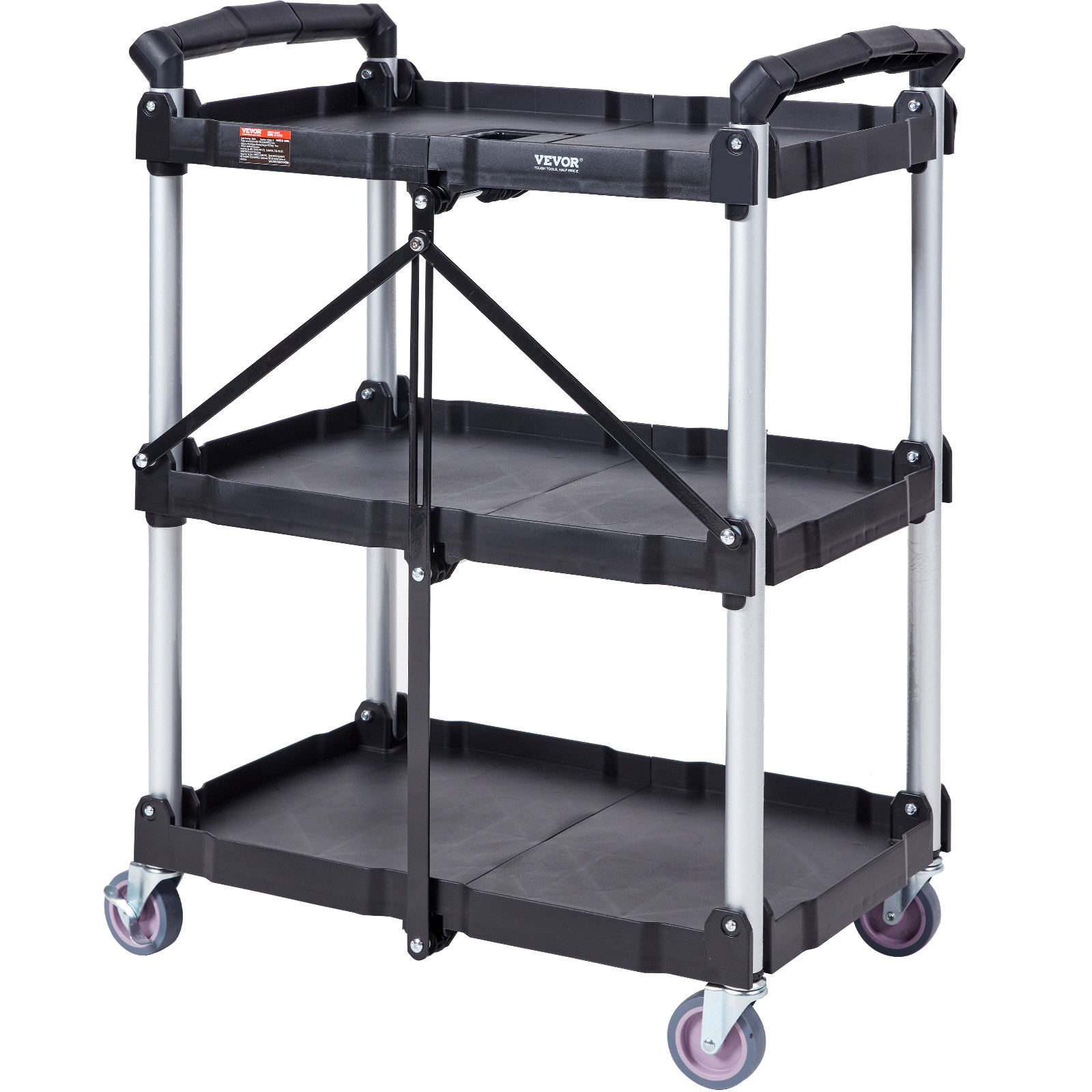 VEVOR Foldable Utility Service Cart 3 Shelf 165LBS with Swivel Lockable Wheels