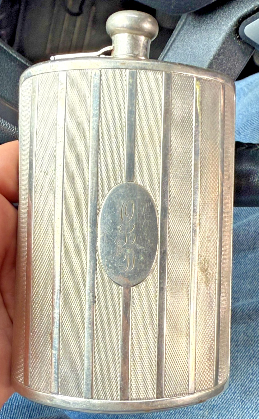 Antique German Silverplate Flask Art Deco Engine Turned Design Triangle Mark
