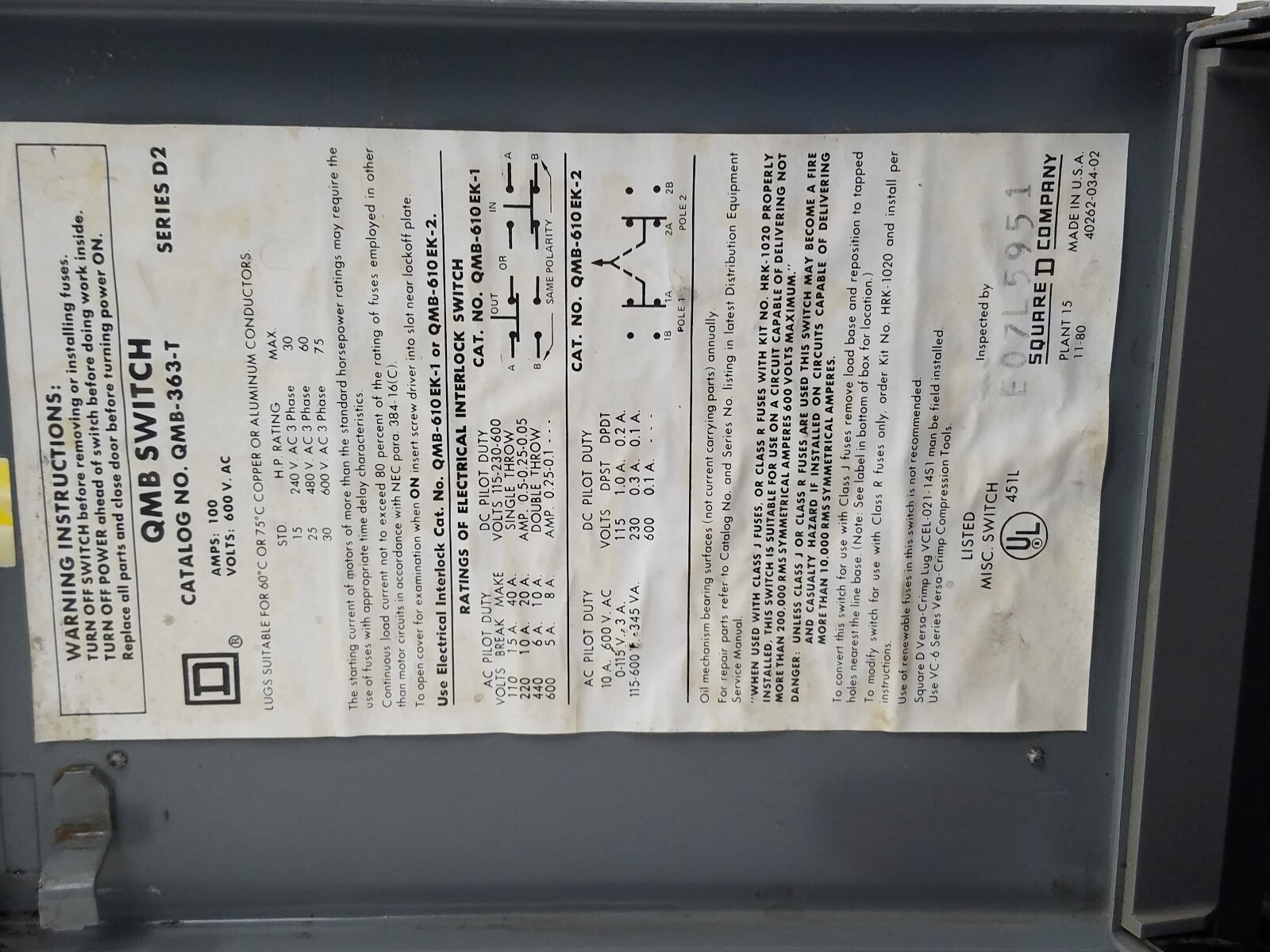 QMB-363-T Square D 100 Amp Switch + Mounting Hardware *NEXT DAY OPTION*