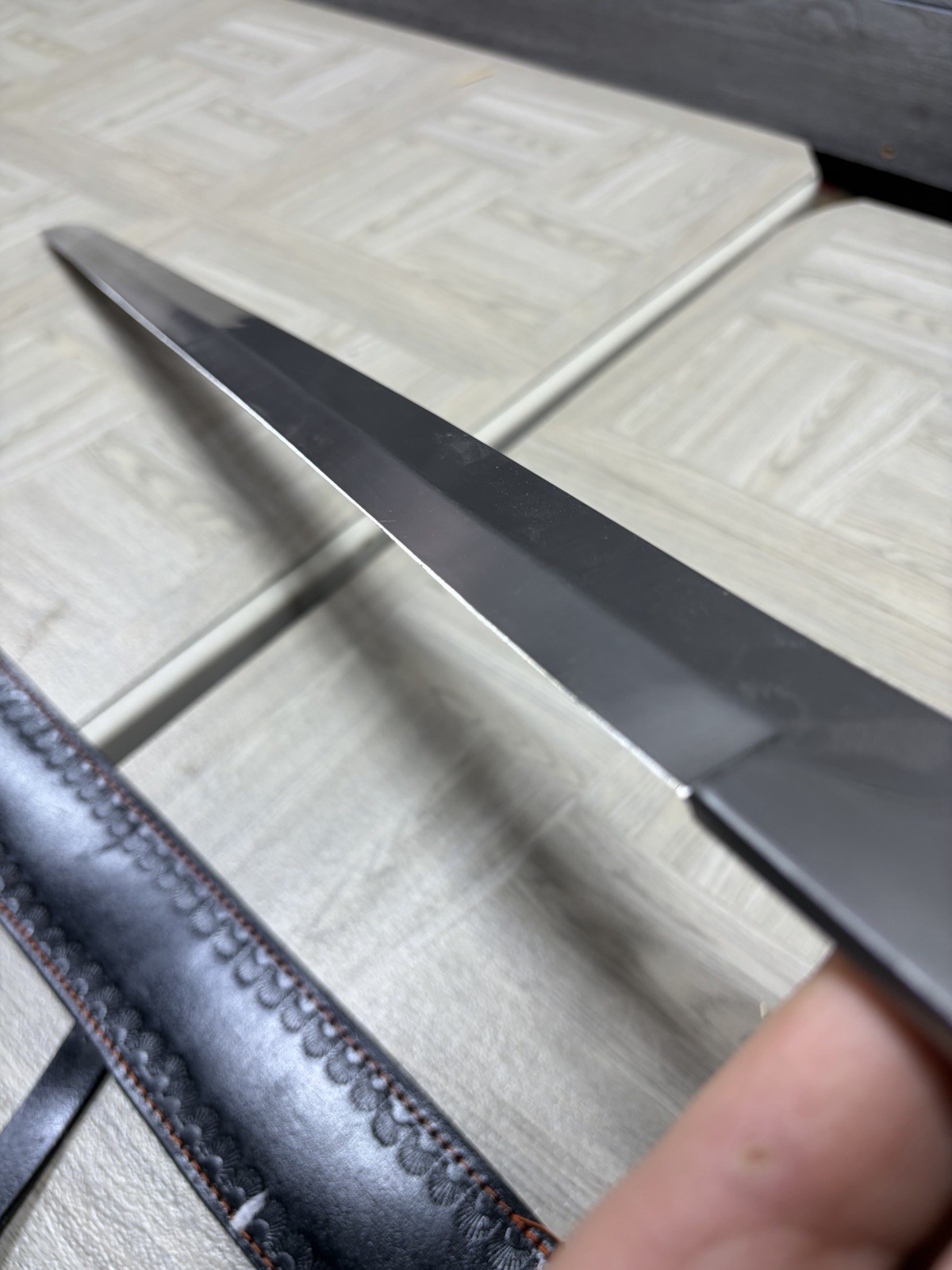 Pakistan Reproduction Battle Sword W Leather Sheath Wood Handle Metal Blade Vtg