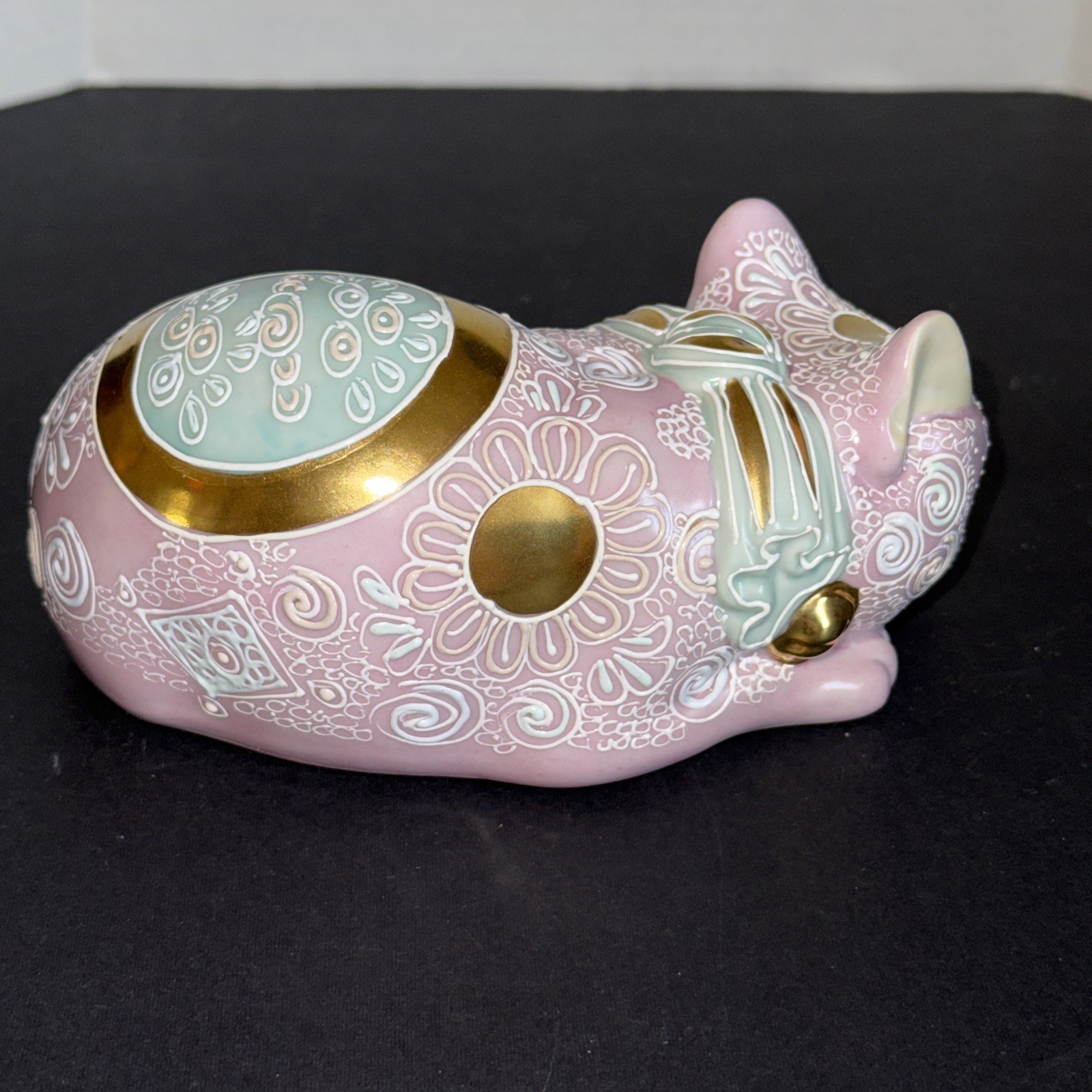 Frederick Cooper Pink, Green And Gold Porcelain Decorative Japanese Sleeping Cat