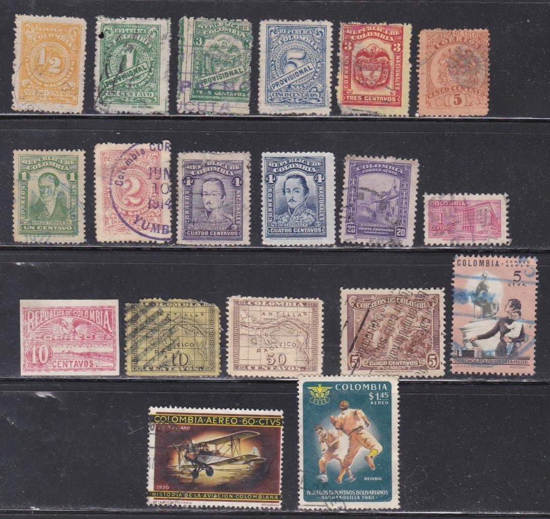 Colombia: Unchecked lot 19 vintage stamps.  Used.   Lot F2121