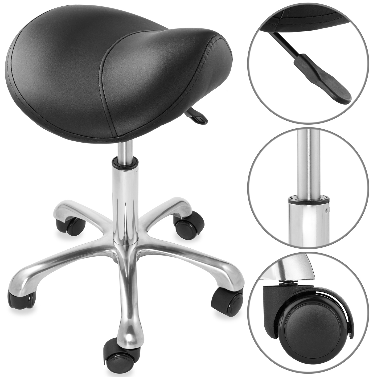 Hydraulic Adjustable Rolling Spa Saddle Stool - Ergonomic, Swivel Wheels - Black