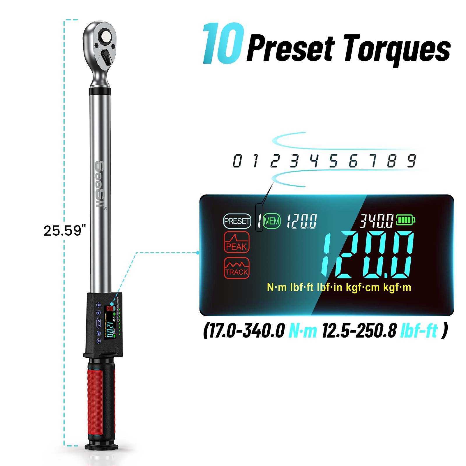 1/2" Drive LED Electric Digital Torque Wrench 12.5-250 Ft.Lb w/ Buzzer 17-340N.m