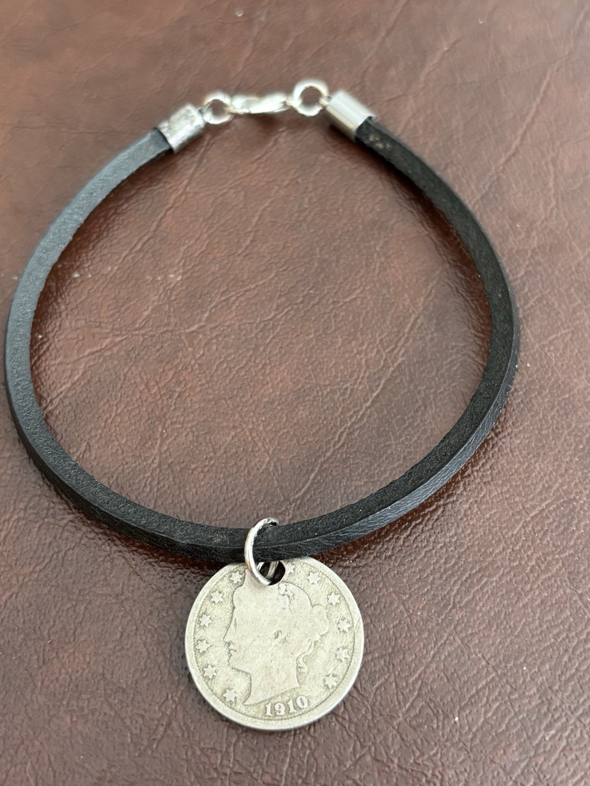 1910 Liberty Nickel 8” Bracelet on a Square Black Leather Cord