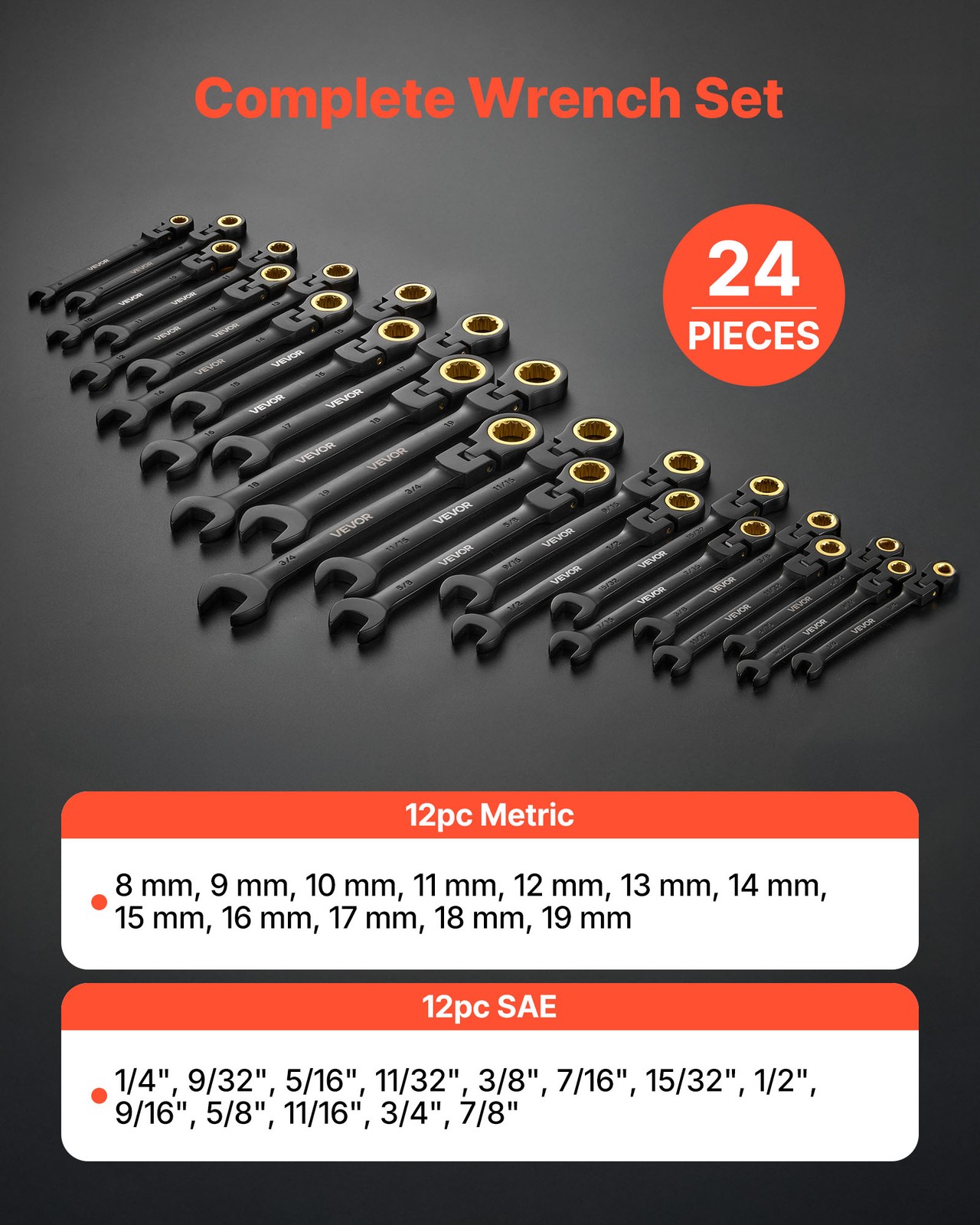 VEVOR Flex-Head Ratcheting Wrench Set Combination Wrench Set 24-Piece Black
