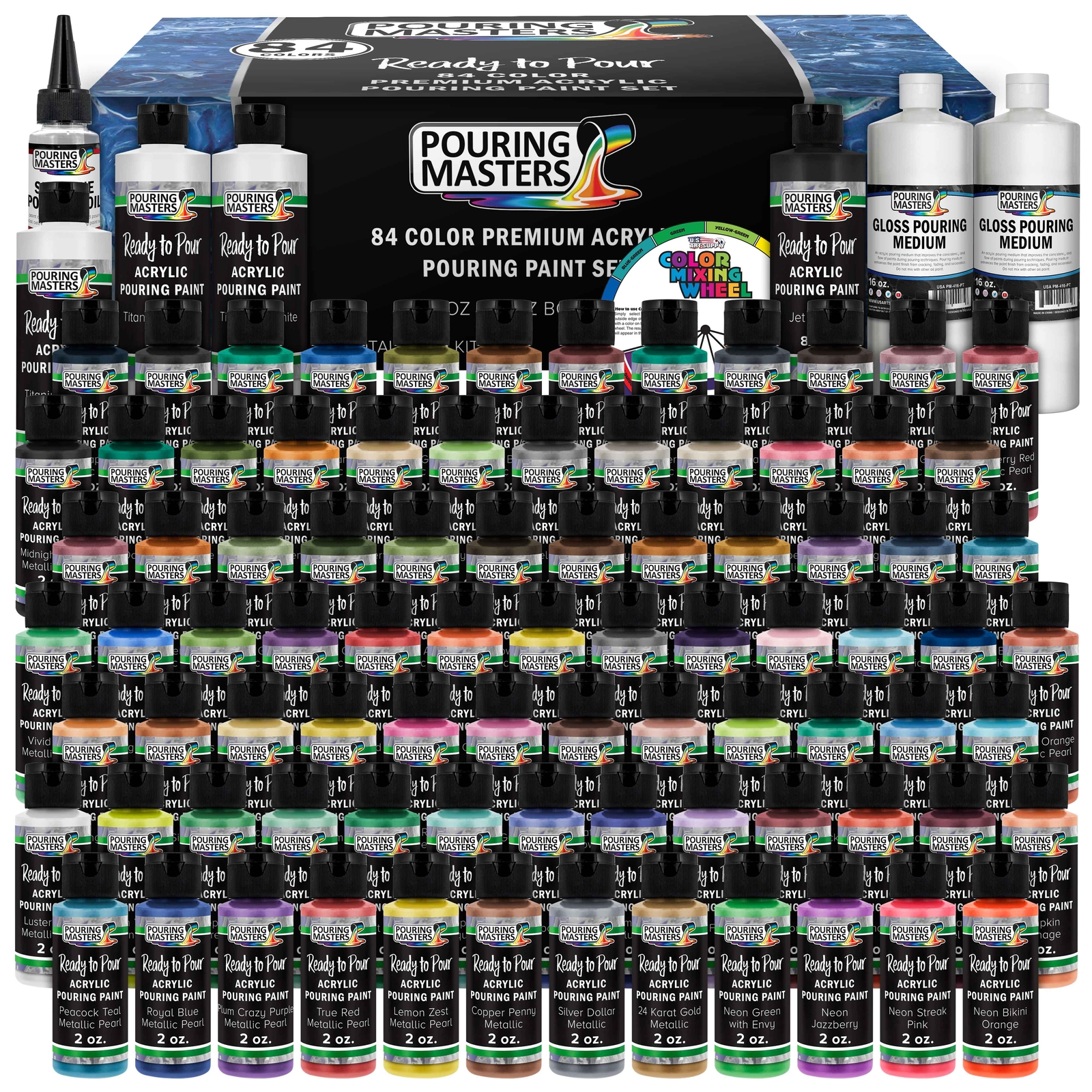 84-Color Ready to Pour Acrylic Pouring Paint Set - Silicone Oil & Gloss Medium
