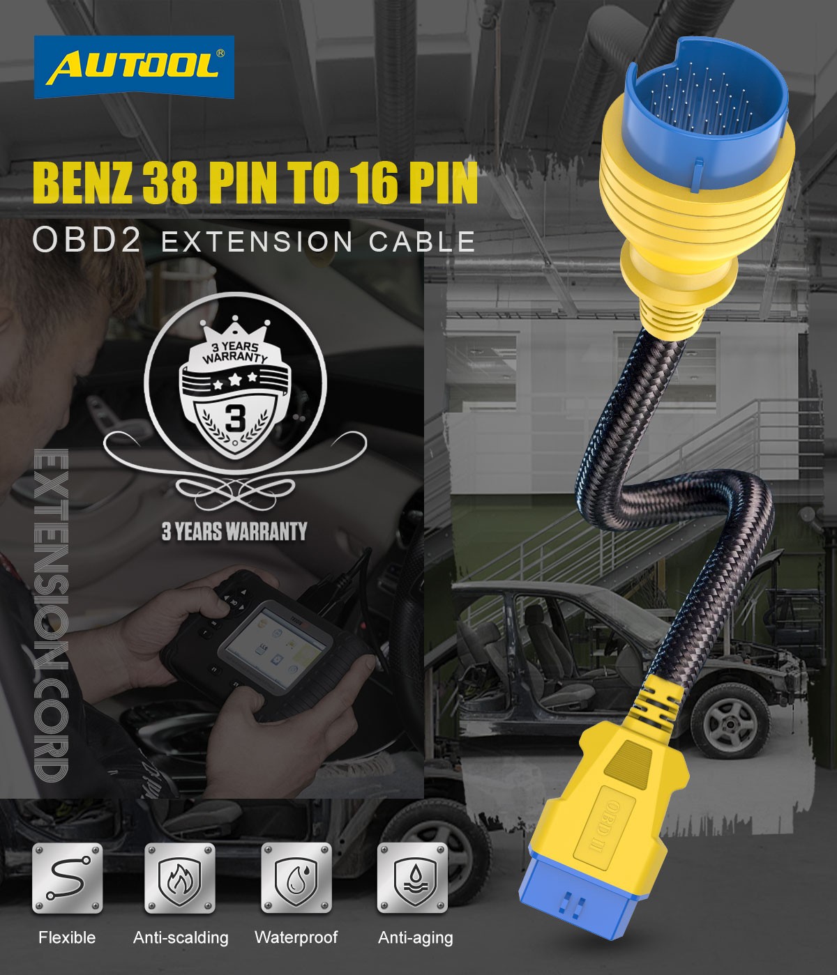 OBD2 38 to 16 Pin Adaptor Diagnostic Lead Scanner Cable Fit For Mercedes Benz