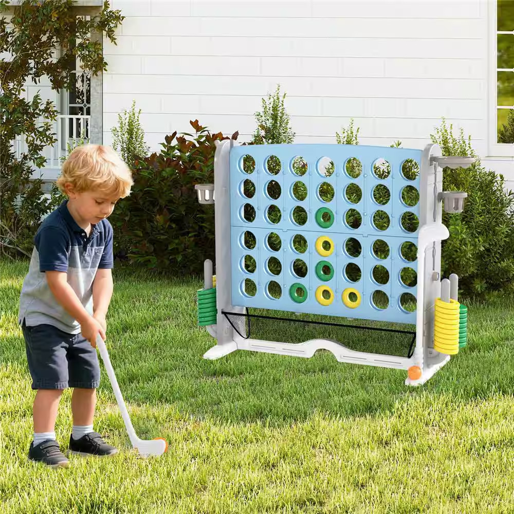 Giant 4-In-A-Row Game Set with Ring-Toss, Basketball Hoop, Golf Club and Cup Hol