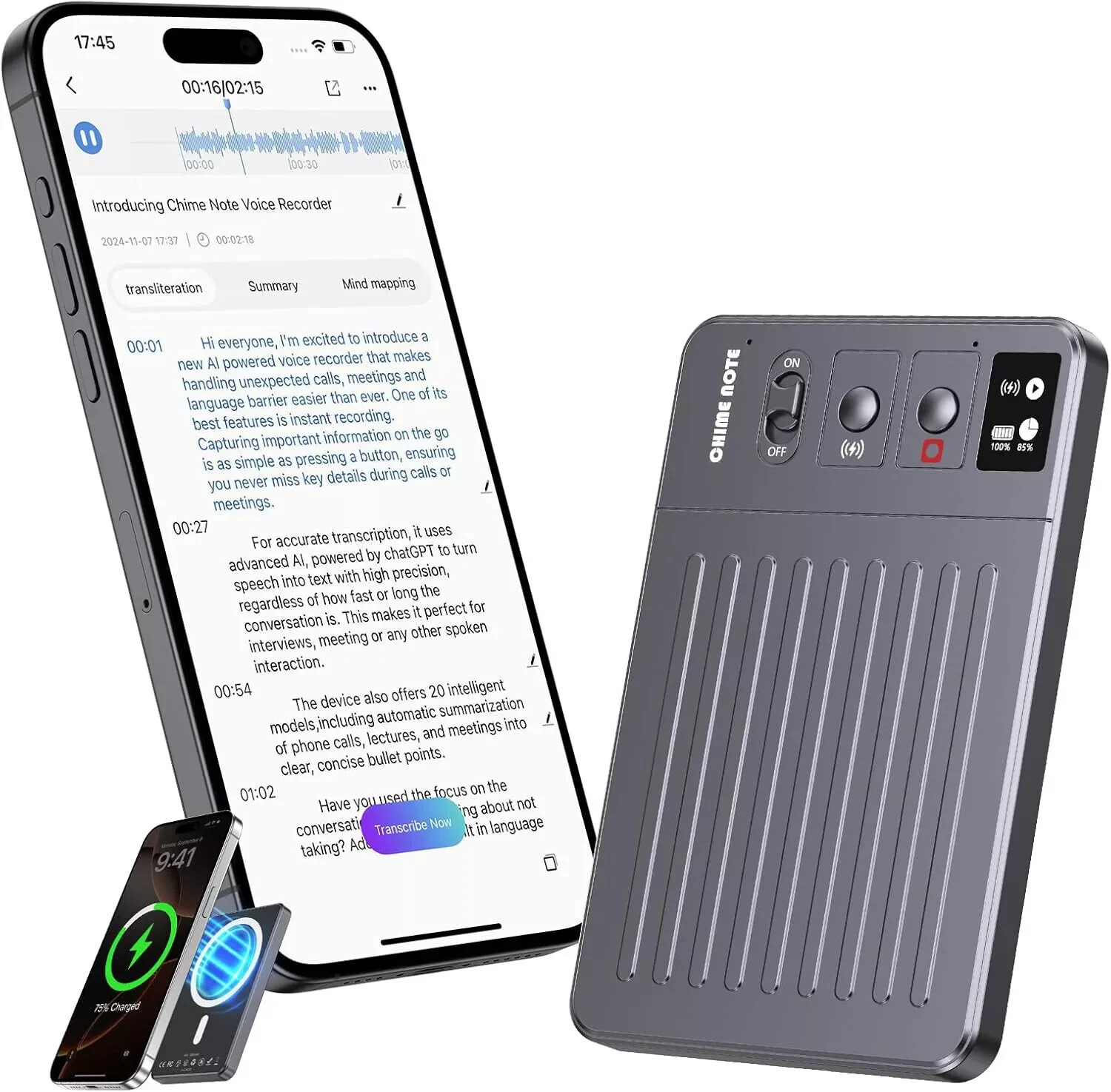 AI Voice Recorder, ｜Custom Summary｜Real-time Translation｜Wireless Charging.