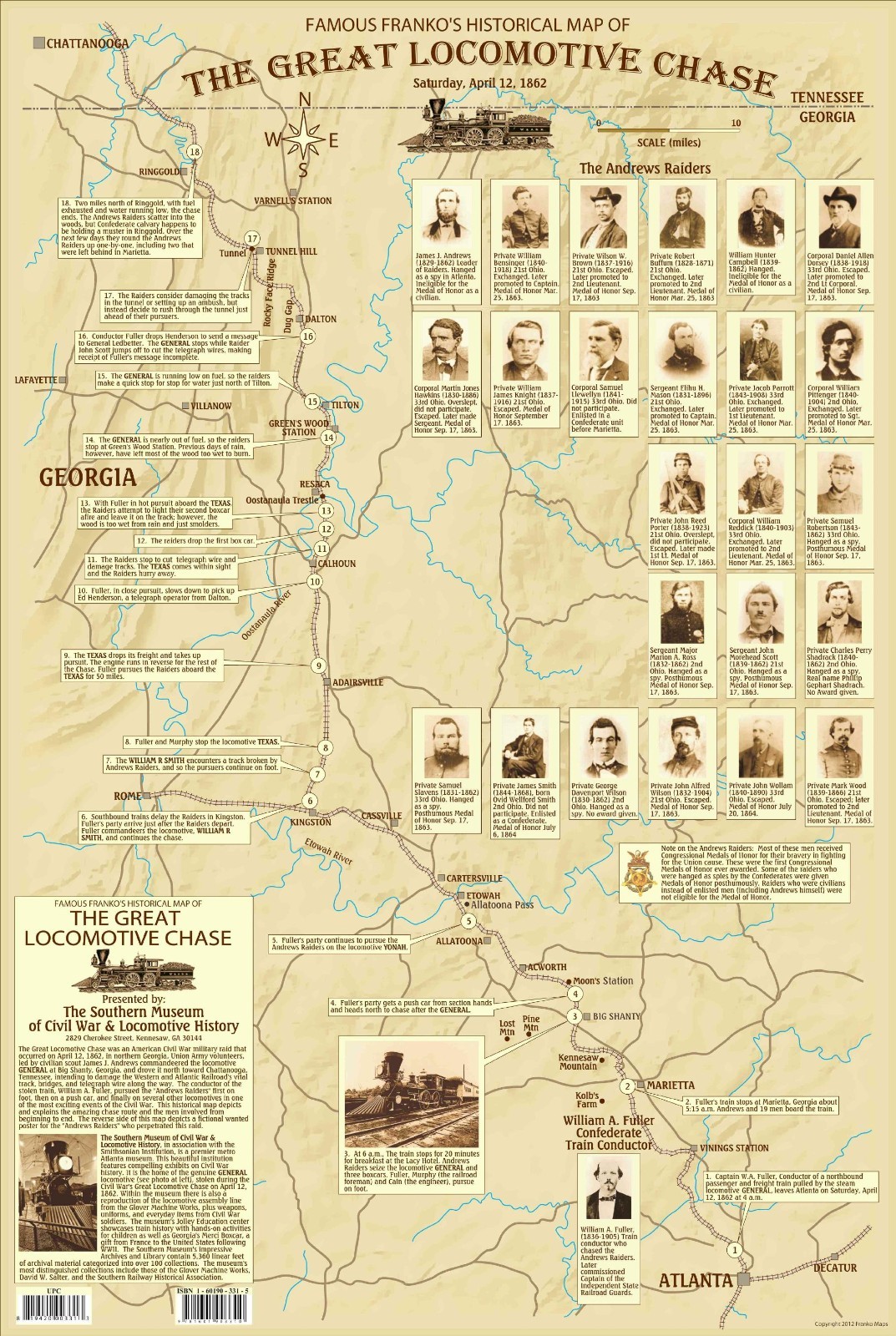 Great Locomotive Chase. The General. Georgia Railroad. Civil War Historical Map