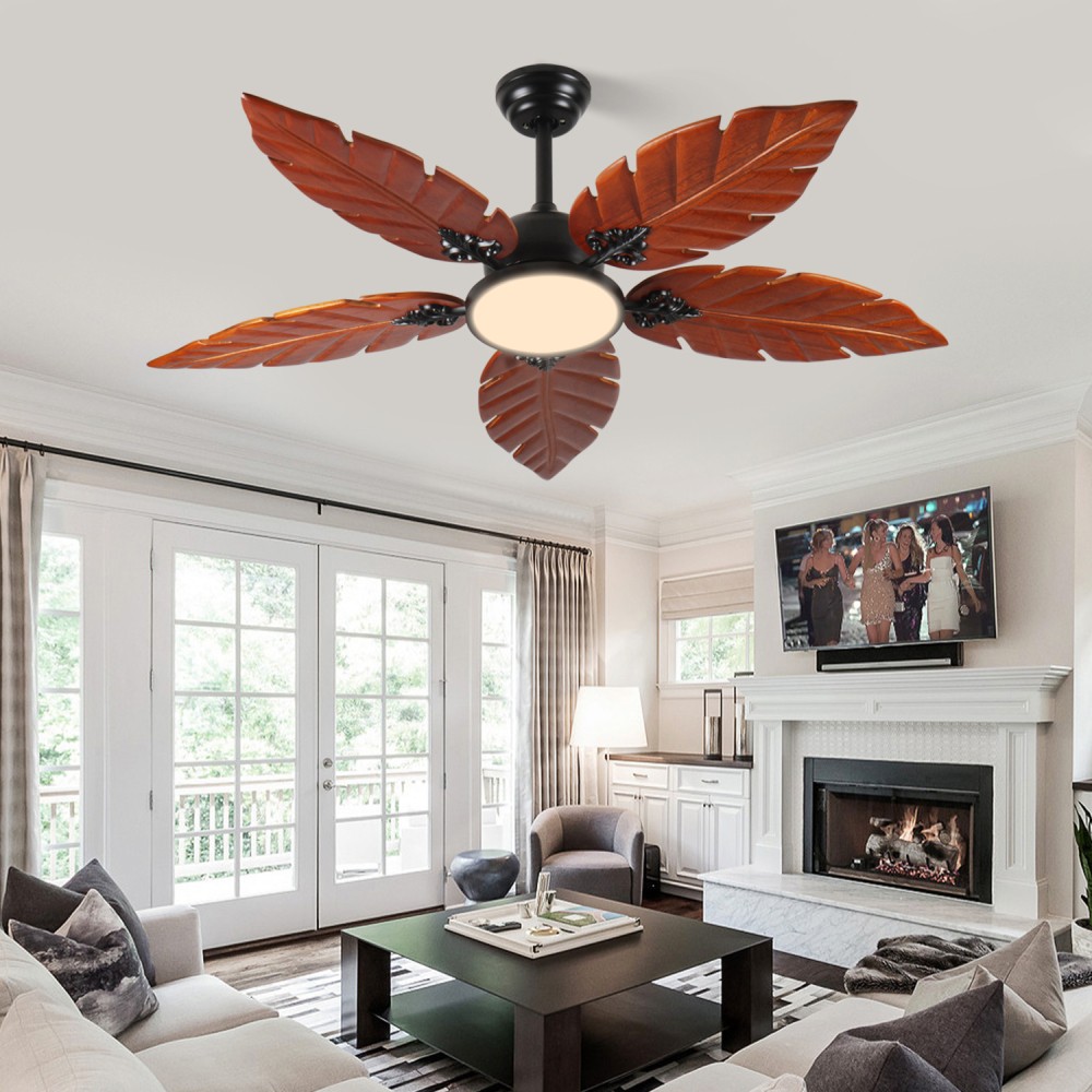 52" Palm Leaf Ceiling Fan w/ Light, Indoor/Outdoor, Reversible, Black+Bronze