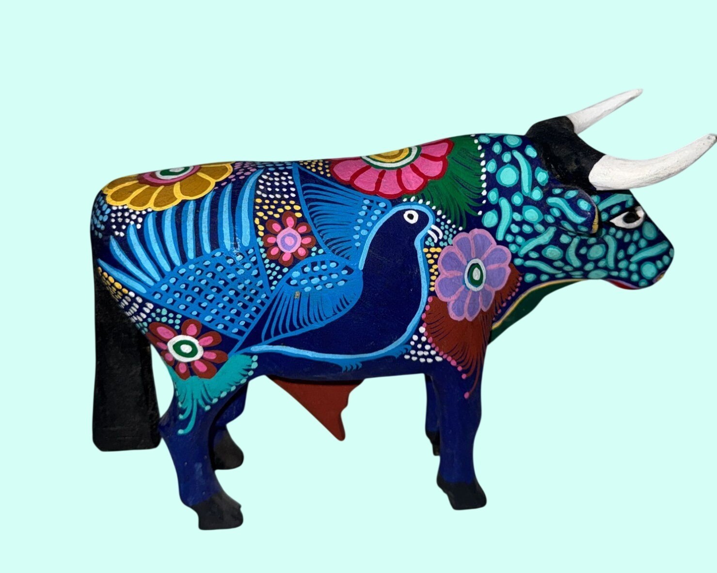 Hand Carved Alebrije Wooden Ox Folk Art Figurines Multicolor 2 Pieces