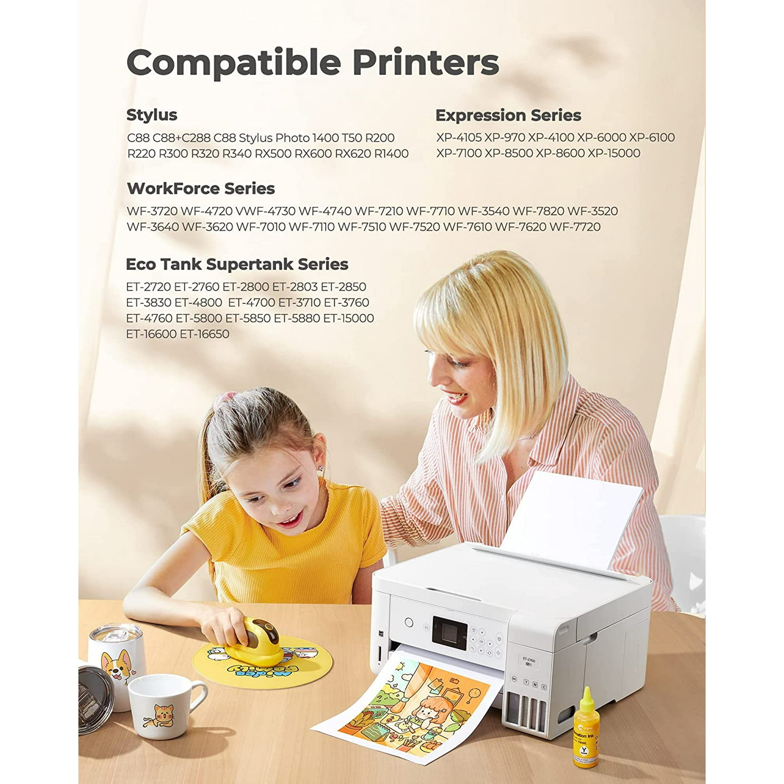 4 Pack Sublimation Ink Refilled for ET2400 ET2720 ET2760 ET-2803 XP4100 ET-2803