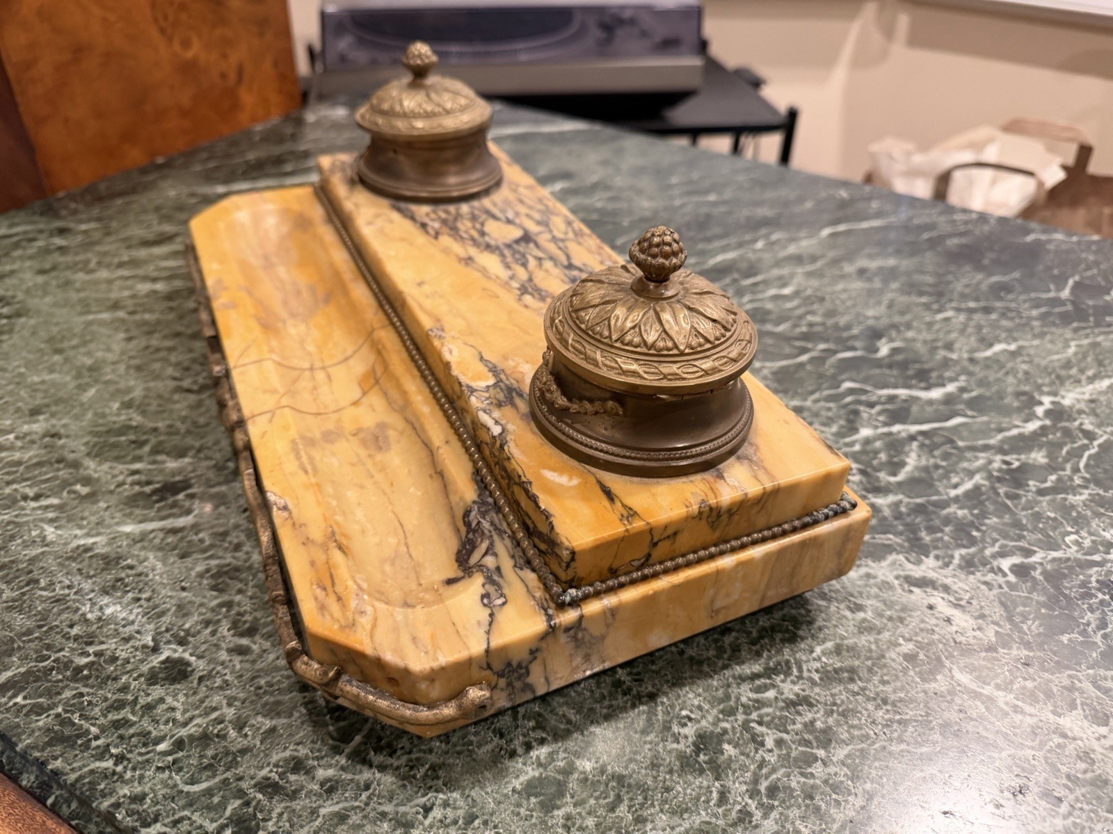 Napoleon III Large French Double Ink Well - Brass With Footed Marble Base