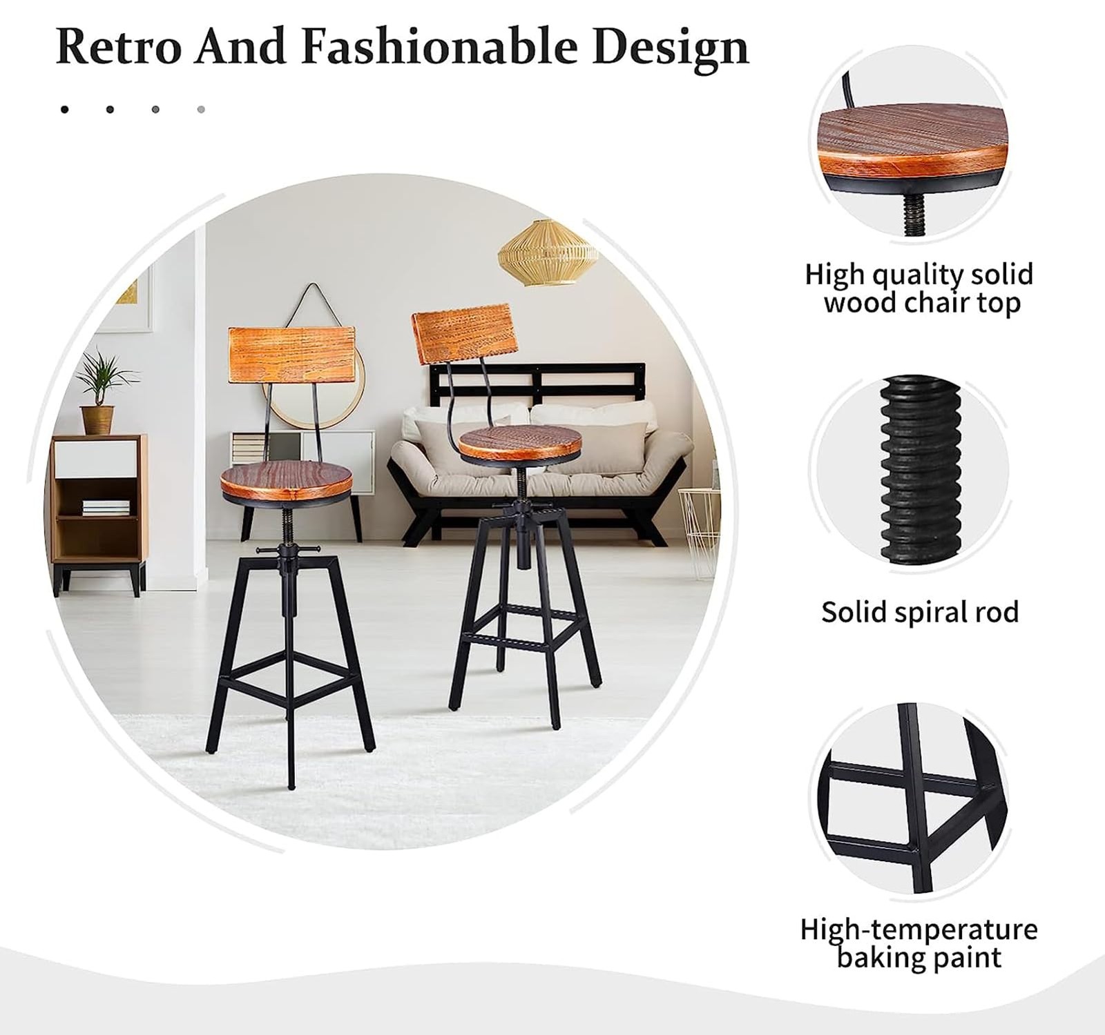 25"-32" Tall Adjustable Swivel Stools with Backrest Industrial Farmhouse