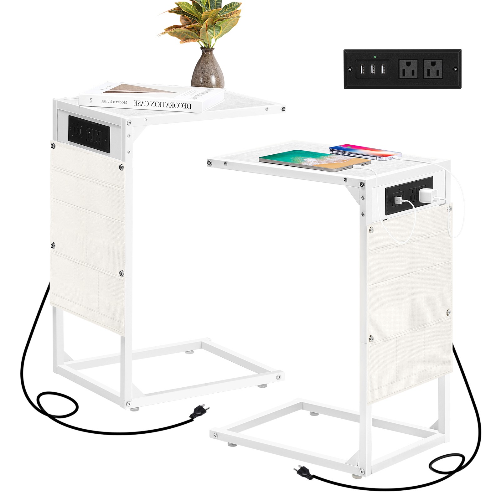 Set of 2 C Shaped End Table with Charging Station Storage Bag Couch Side Tables