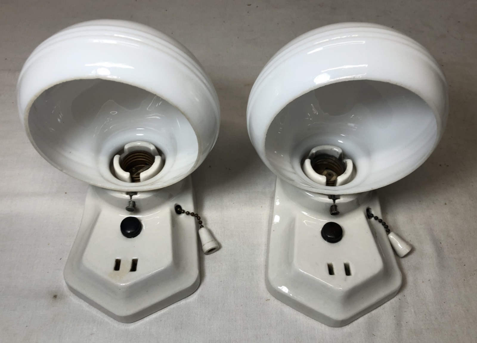Antique Porcelain Wall Sconce Pair Vtg Light Fixture Ceramic Bath Art USA #J67