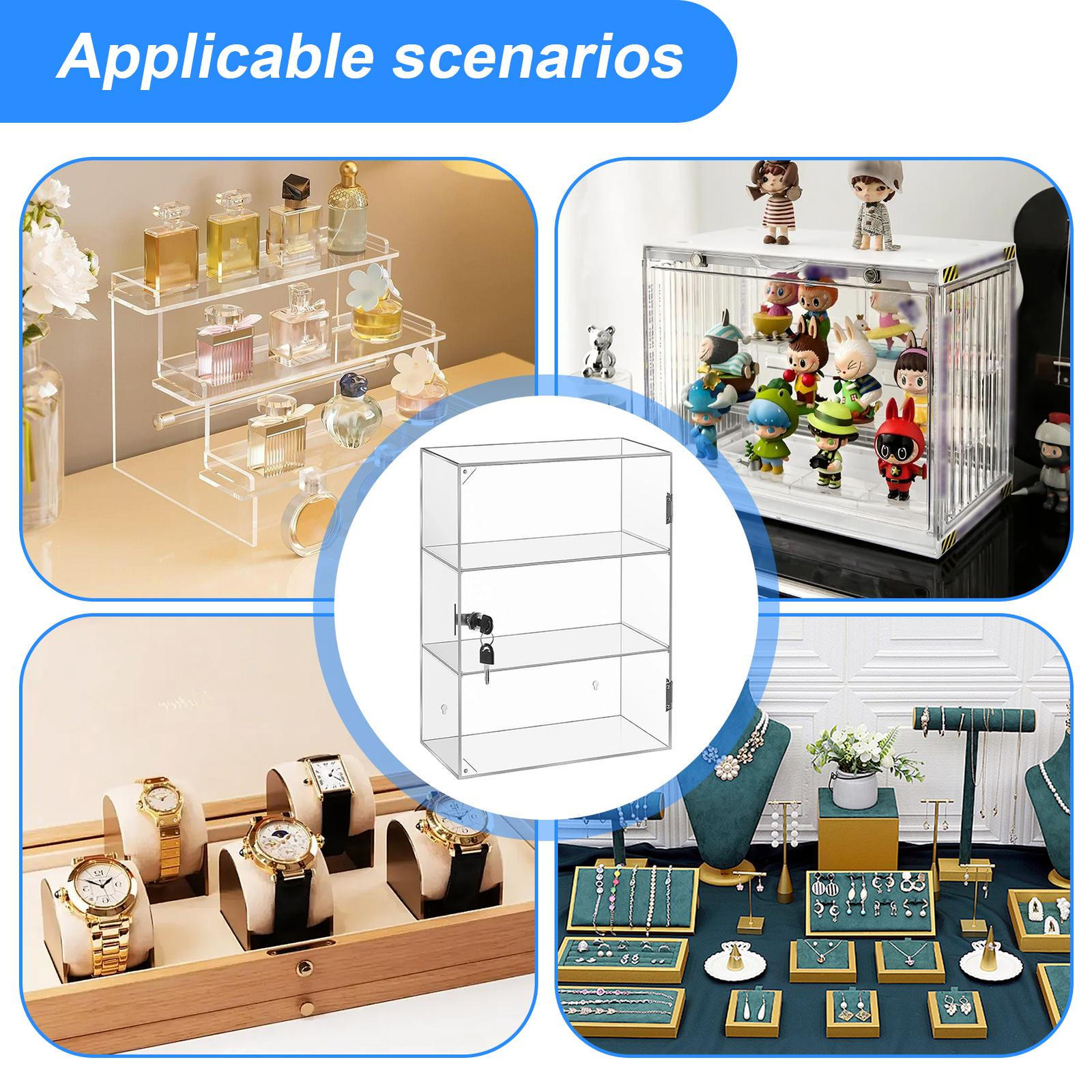 Clear Acrylic Display Case 3Tier Countertop Box Shelves Showcase W/Lock Dustpoof