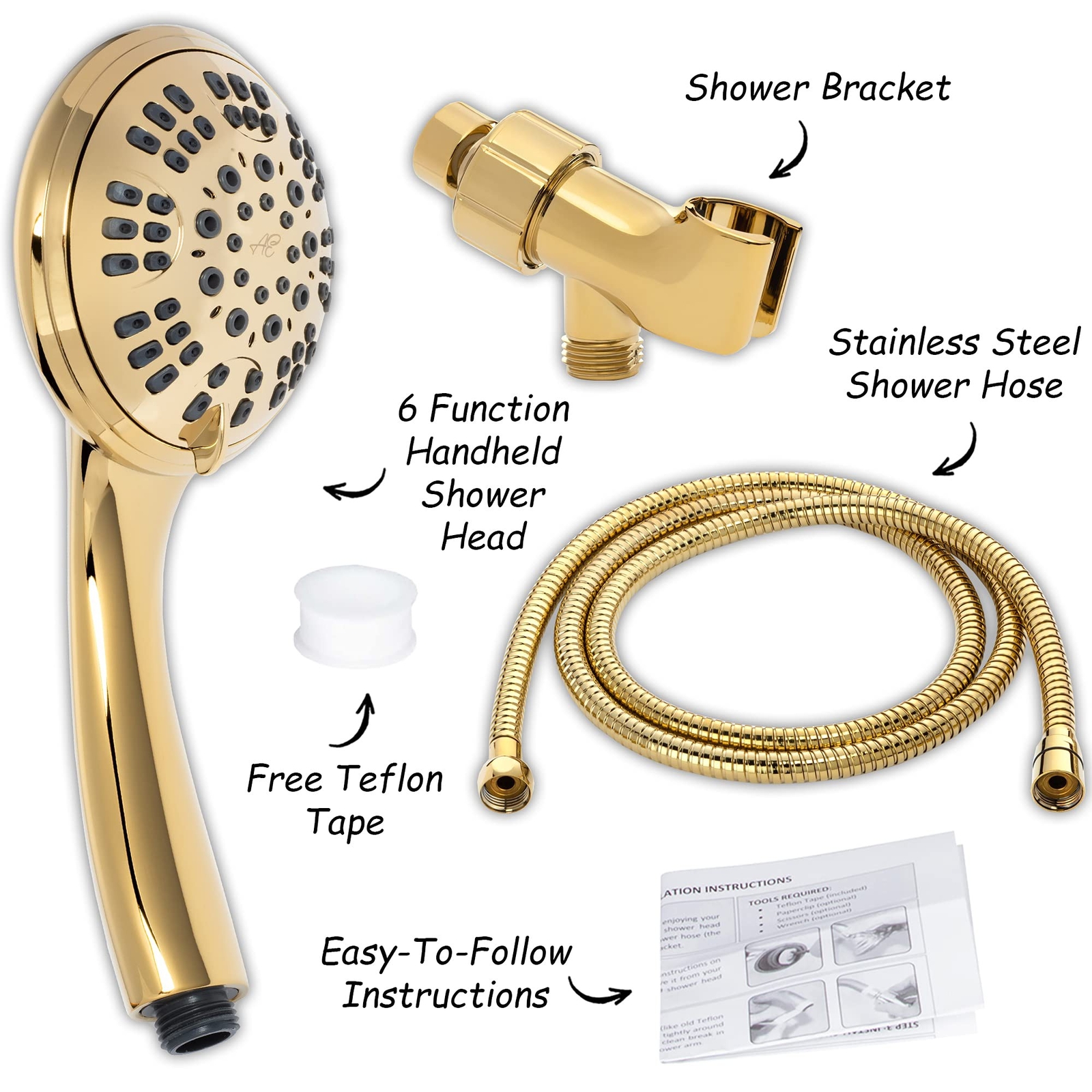 6 Function Handheld Shower Head Kit (Aqua Elegante) - Polished Brass - 1.8 GPM