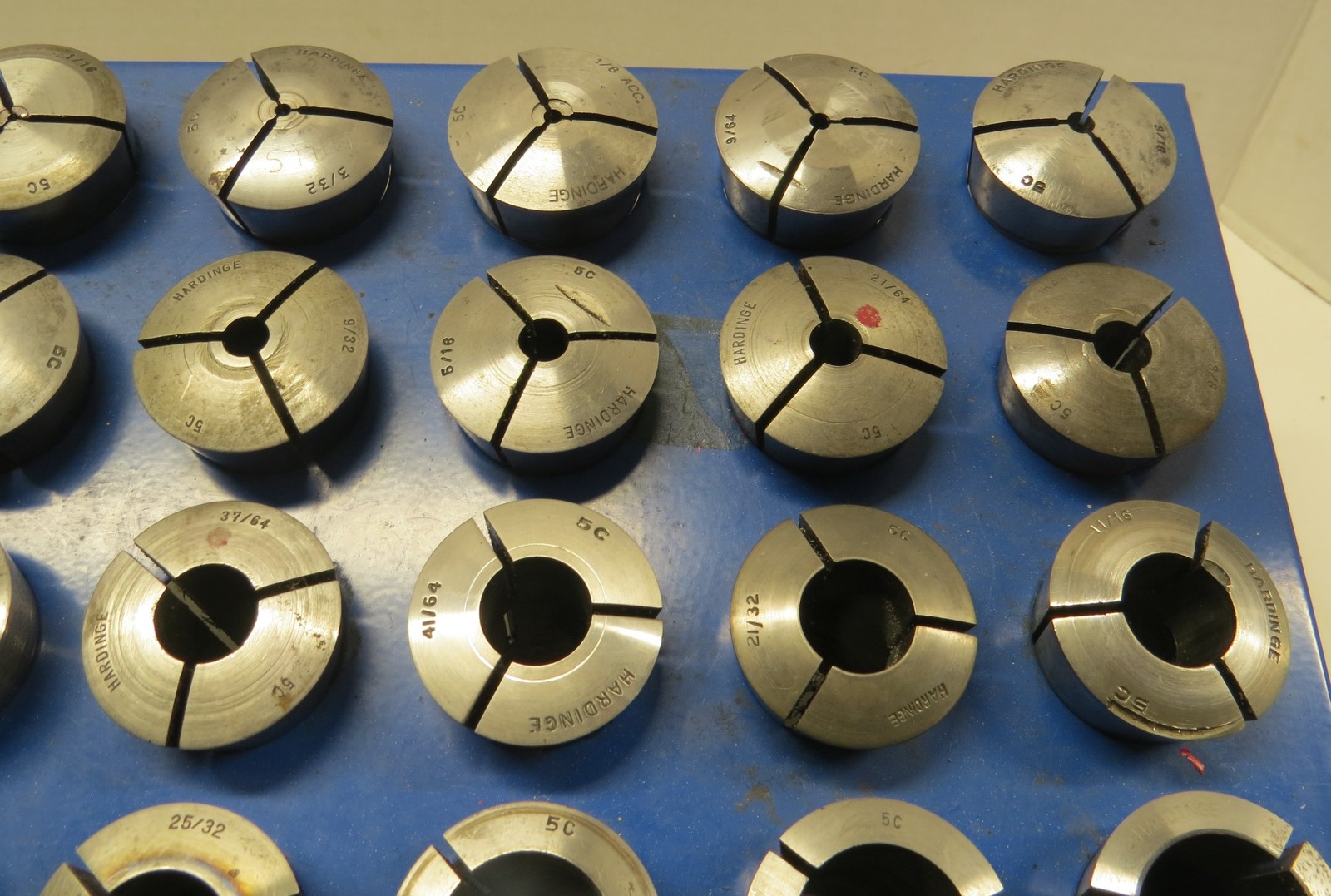 HARDINGE 5C COLLETS - 30 SIZES - 3/32" TO 1-1/16" + RACK + STOPS - LOT #H30-1