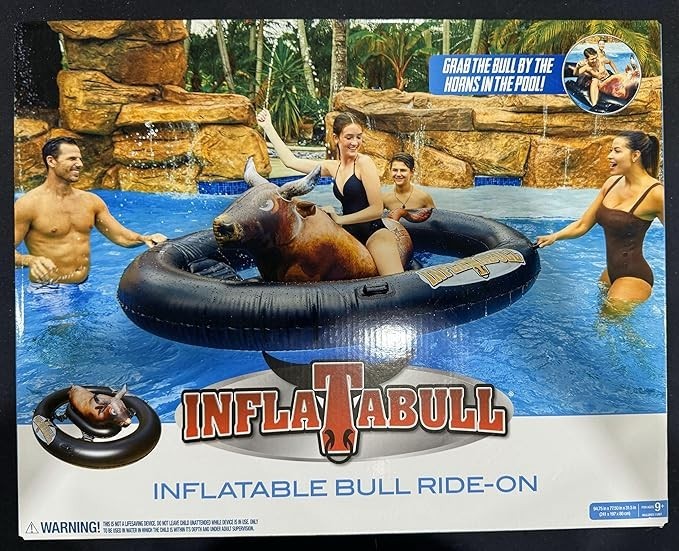 Over 7 FT, Inflatabull Inflatable Ride On Rodeo Bull Pool Toy Float Ages 9+ New