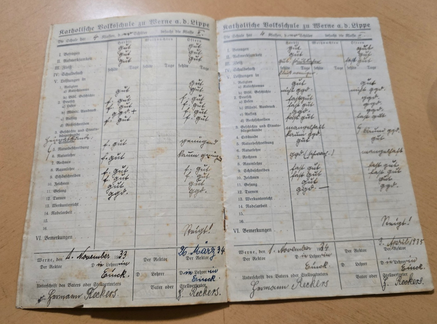 1930–1937 Third Reich Jugend German School Report Book Zeugnis Heft Wilhelm Reck