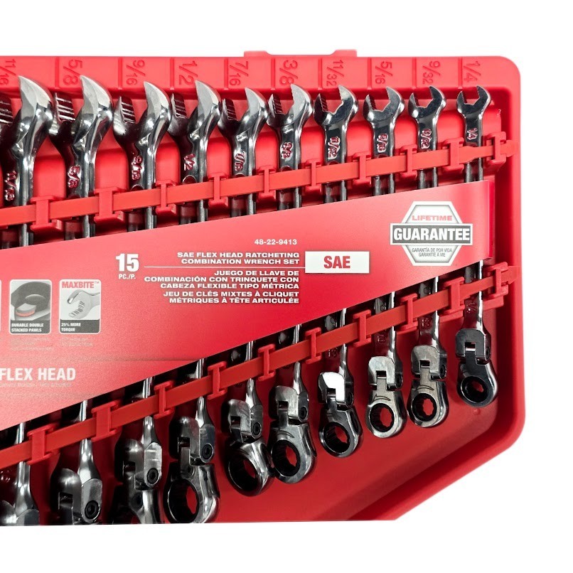 Milwaukee 48-22-9413 Flex Head Ratcheting SAE Combination Wrench Set - 15 PC