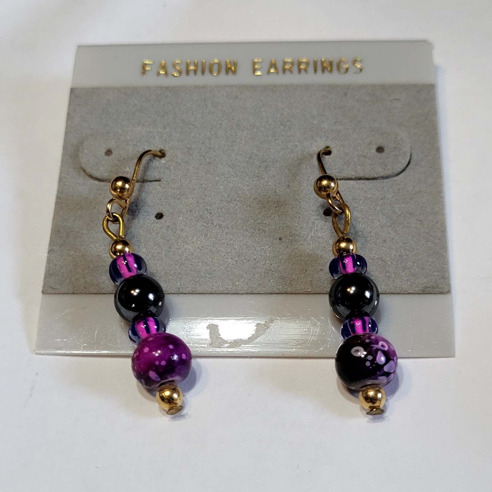 Goldtone Purple, Black, And Gold Beaded Pierced Hook Earrings