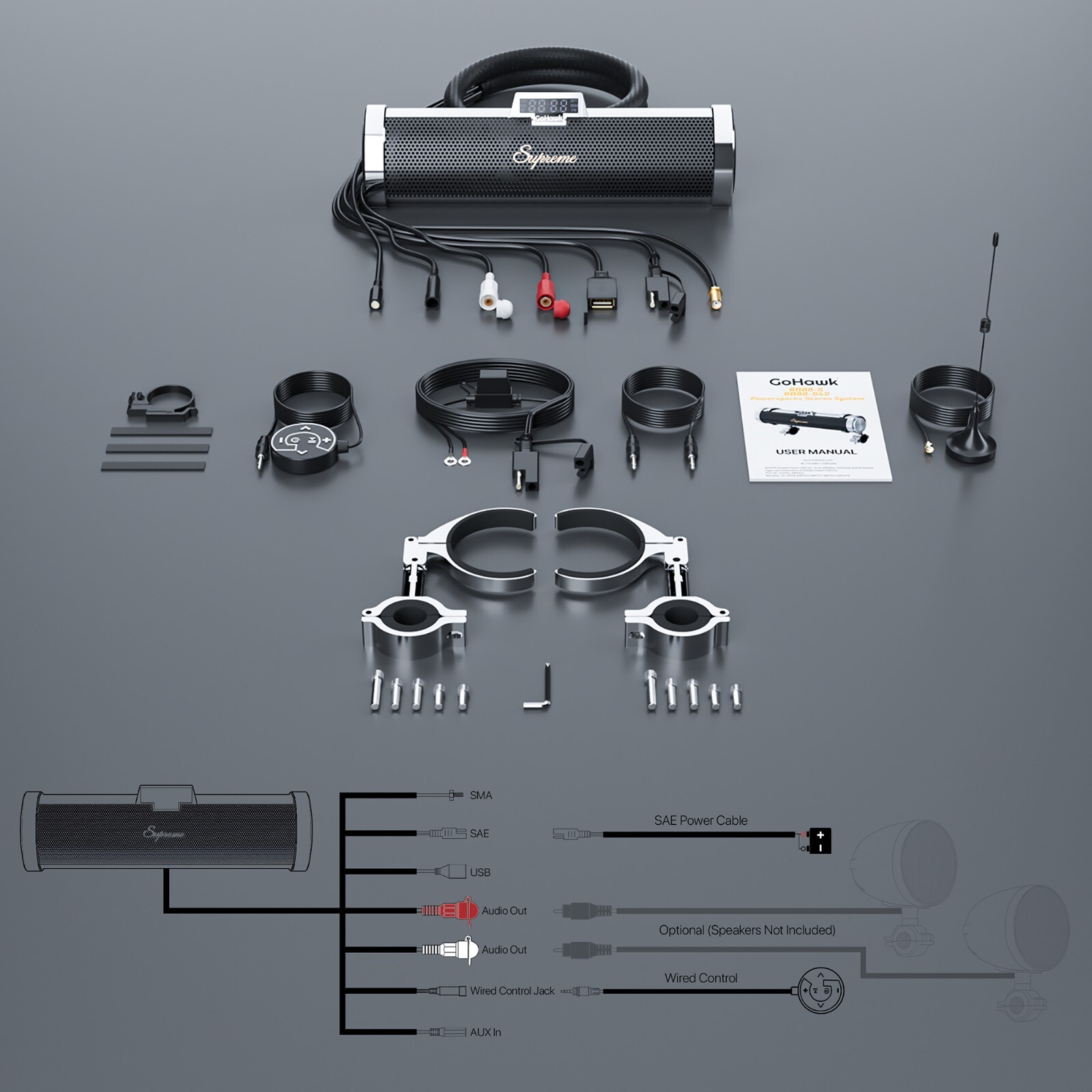 Waterproof Bluetooth Motorcycle Stereo Speaker Soundbar Audio MP3 System Chrome