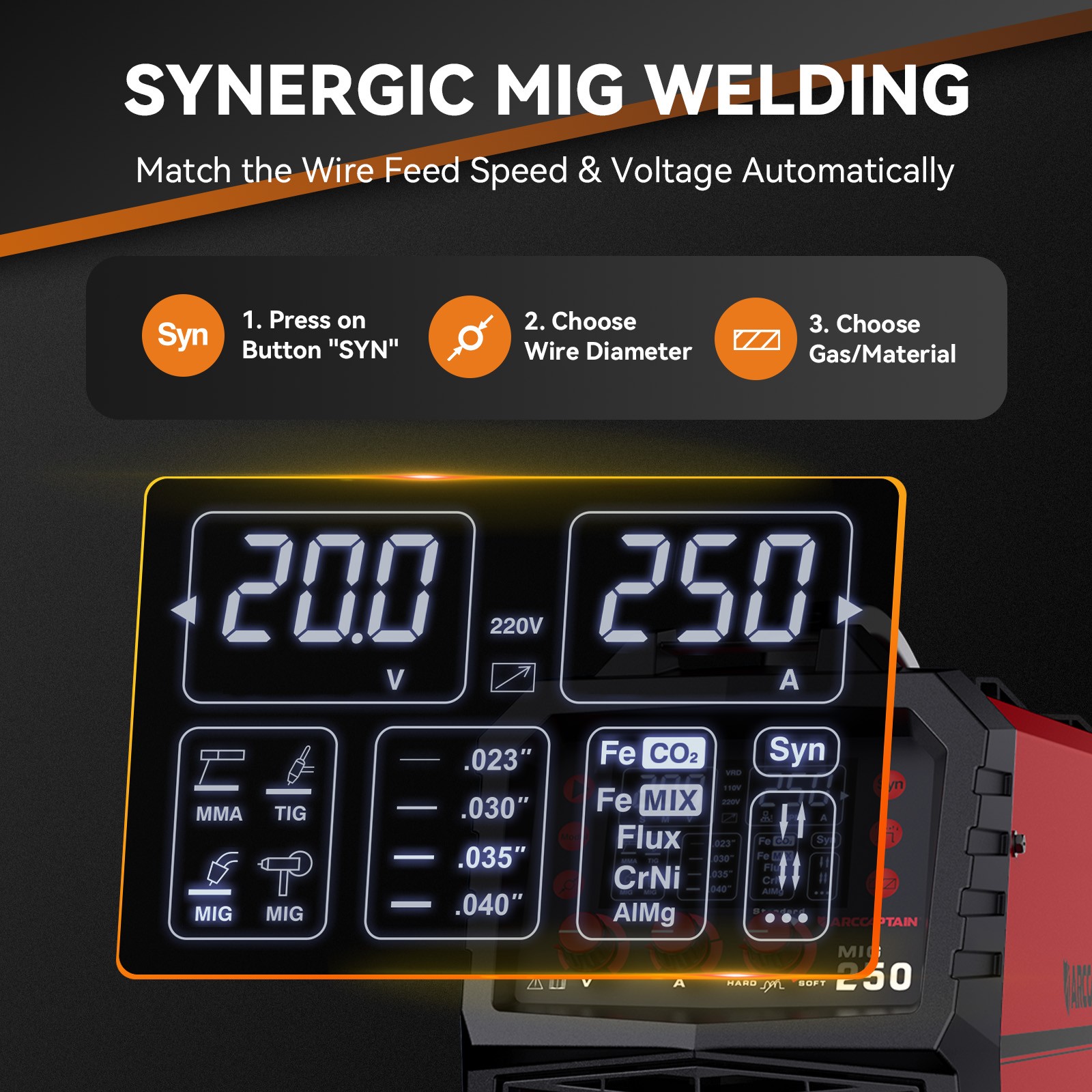 ARCCAPTAIN 250A MIG Welder Gas MIG/Gasless MIG/Stick/Lift TIG/Spool 110V 220V