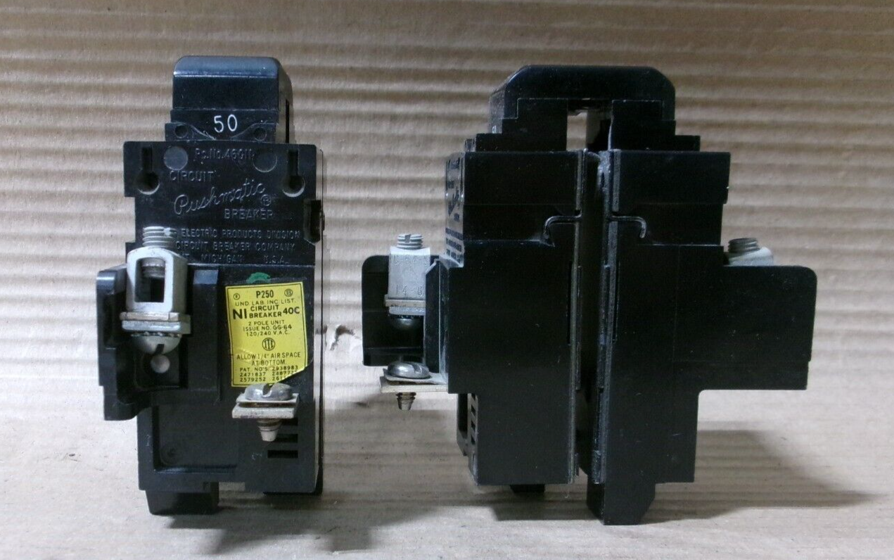 LOT OF 2 Pushmatic P250 2 Pole 50 Amp 240V Circuit Breaker w/ Shield and Tabs