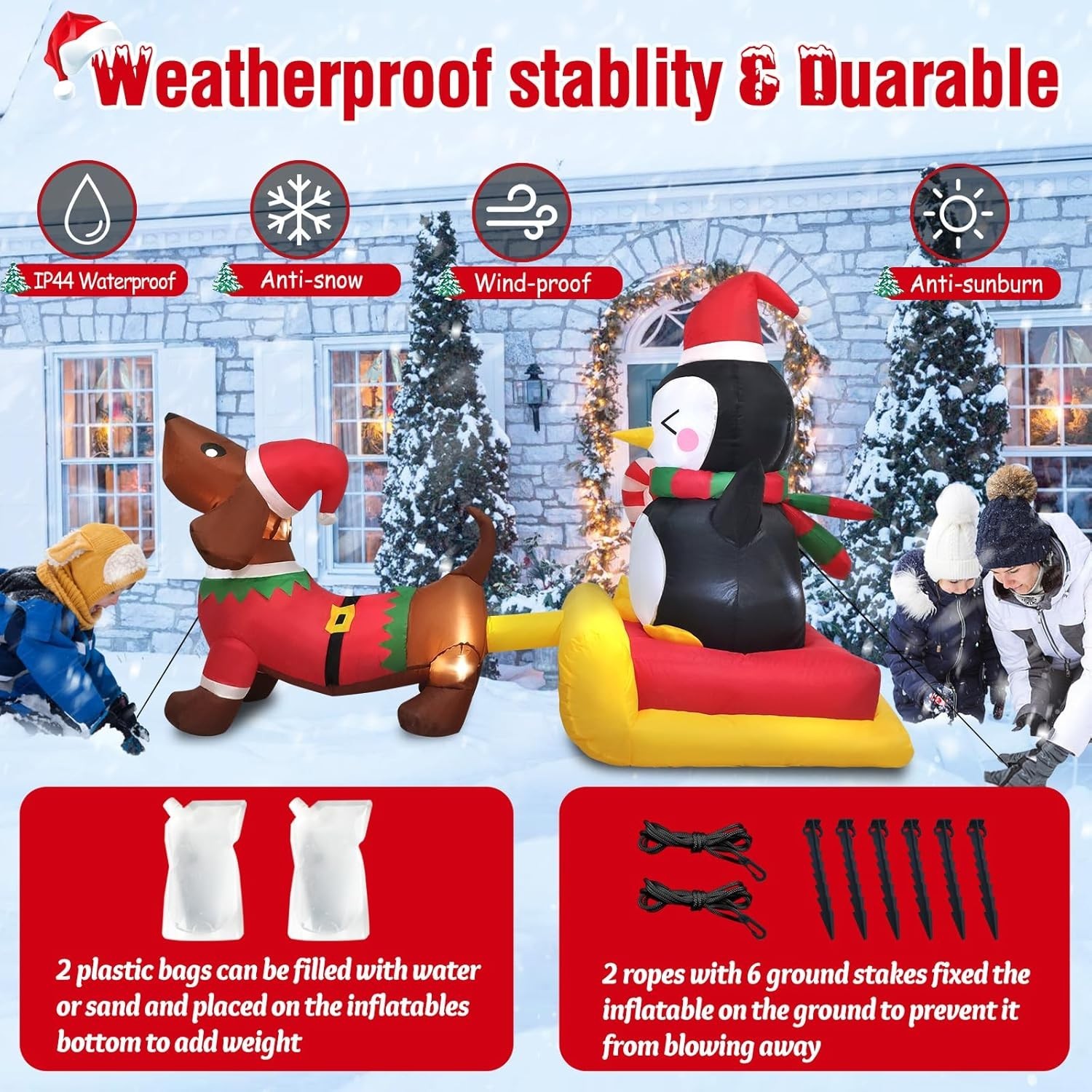 Festive 6 FT Inflatable Dog Sleigh with Penguin - LED Illuminated Holiday Charm