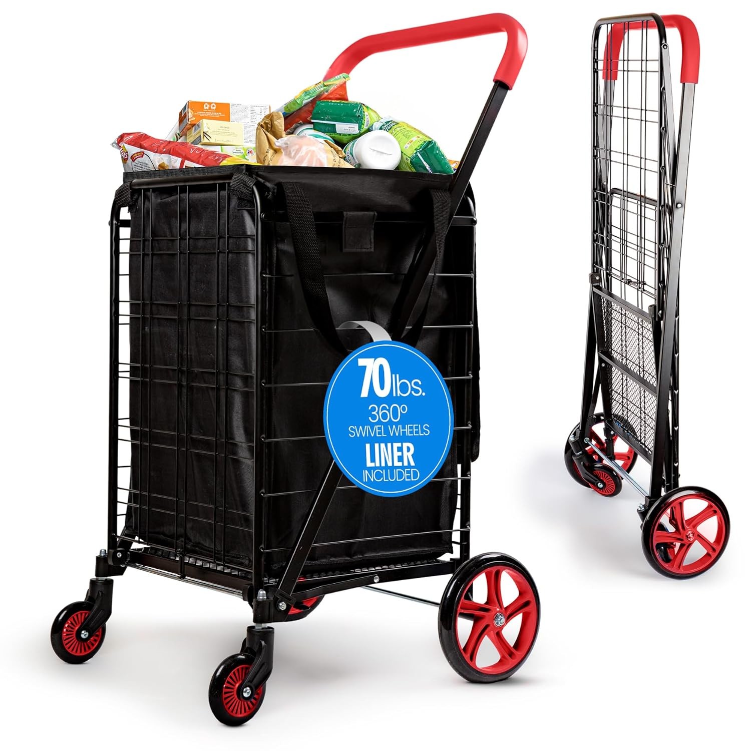SereneLife SLSPCART75 Small Compact Folding Shopping Cart - Red (Open Box)